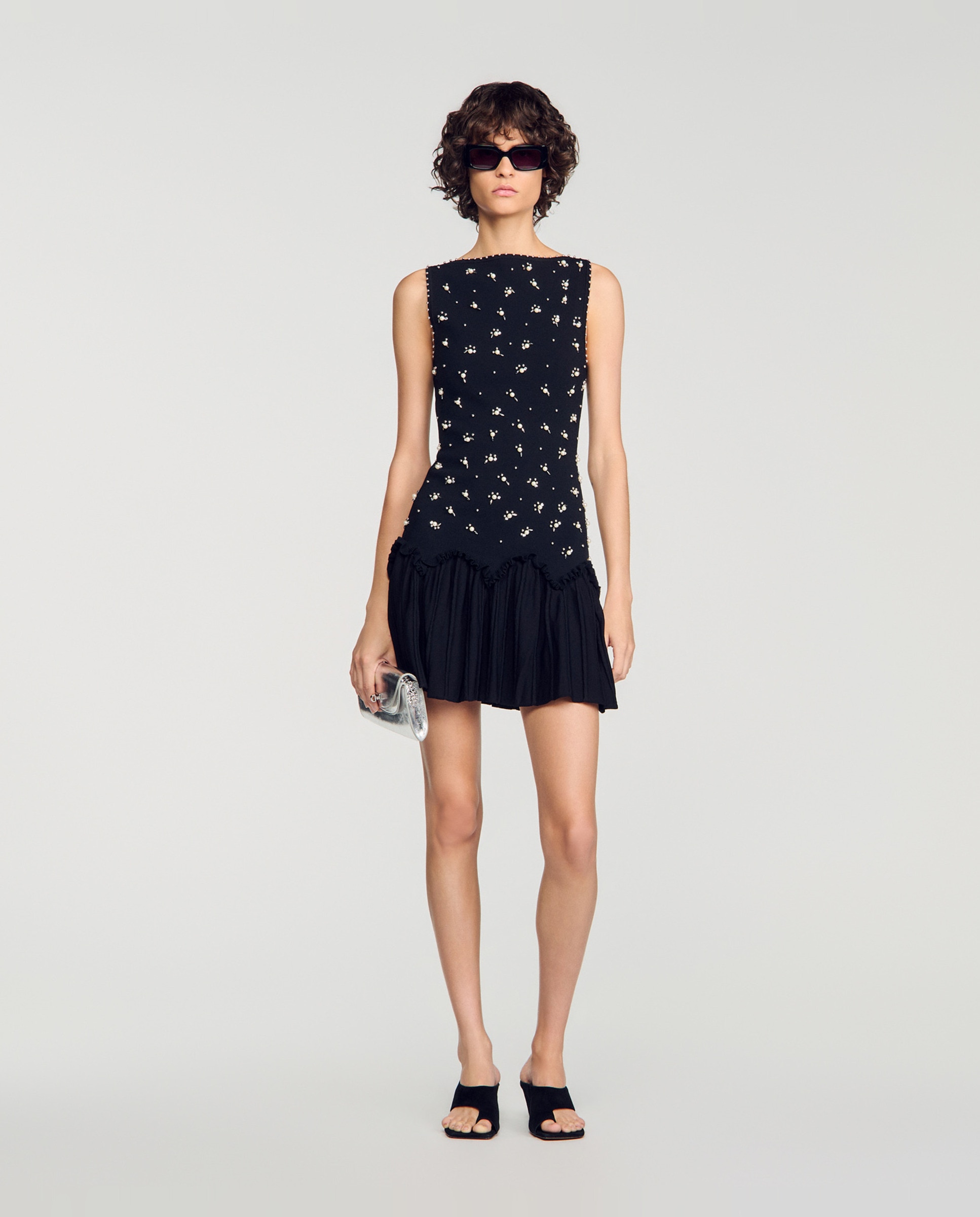 Vestido corto de terciopelo bordado con perlas - Sandro - Negro Negro-5