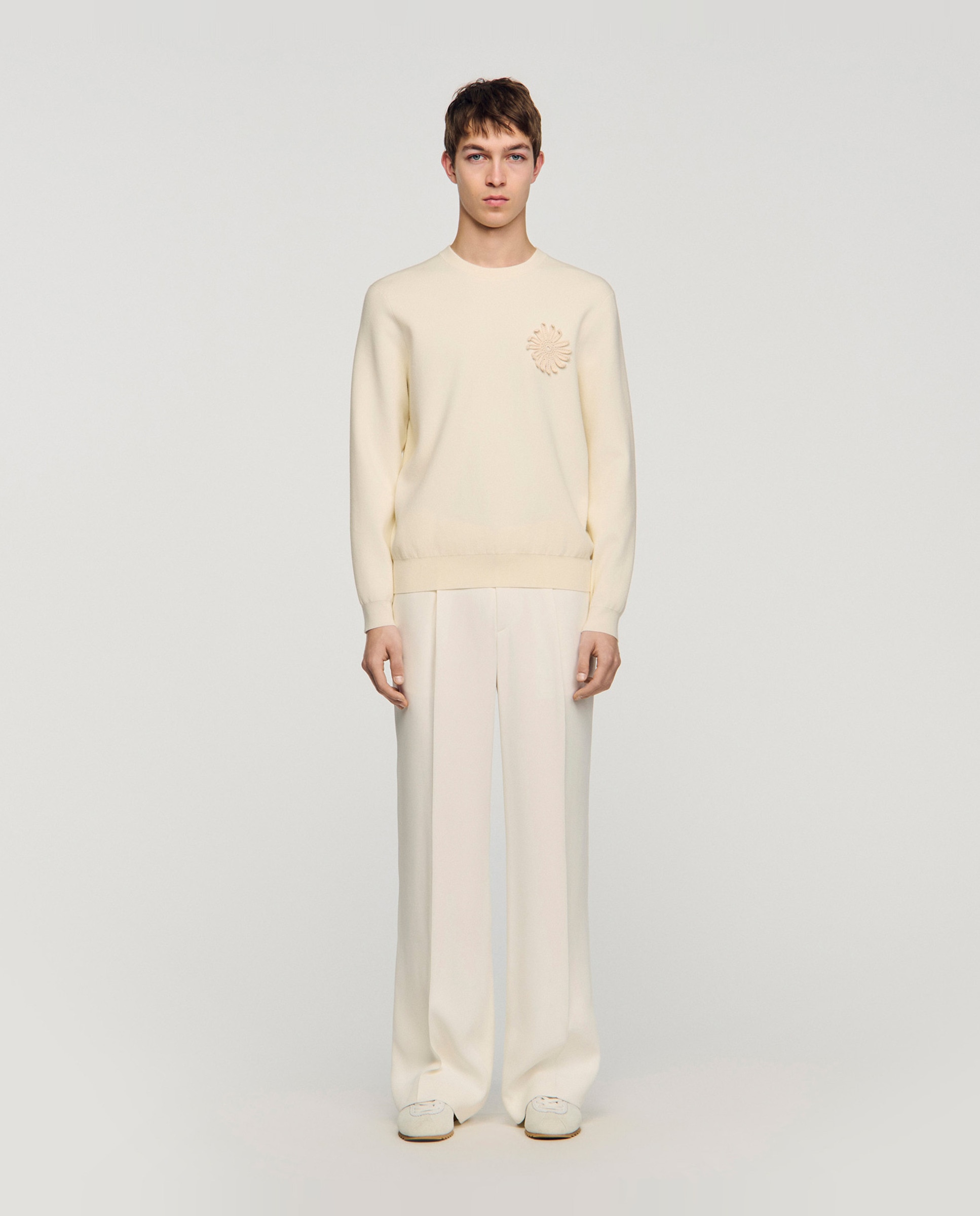 Sudadera sin capucha de hombre de punto con flor ganchillo bordada - Sandro - Blanco Blanco-3