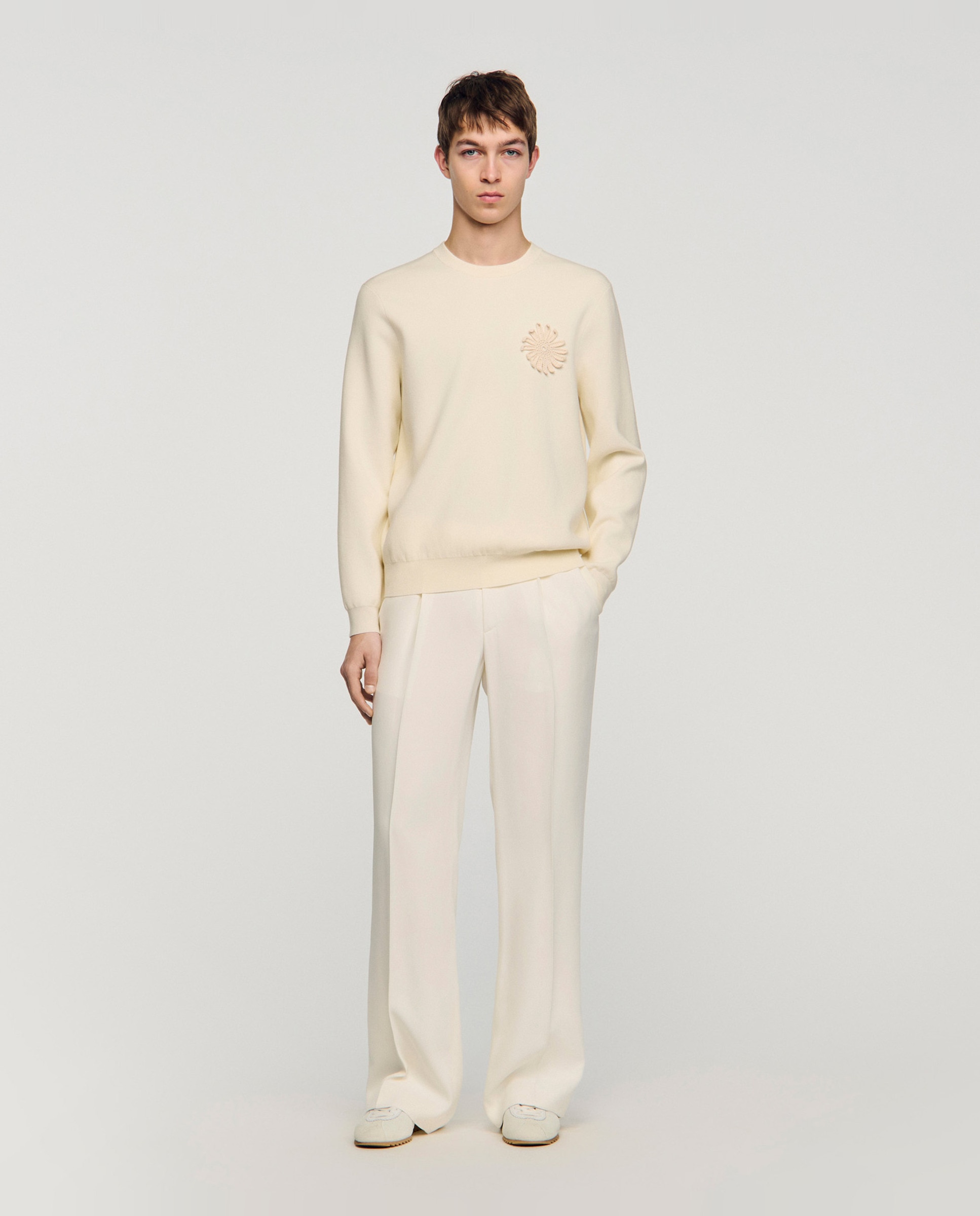 Sudadera sin capucha de hombre de punto con flor ganchillo bordada - Sandro - Blanco Blanco-4