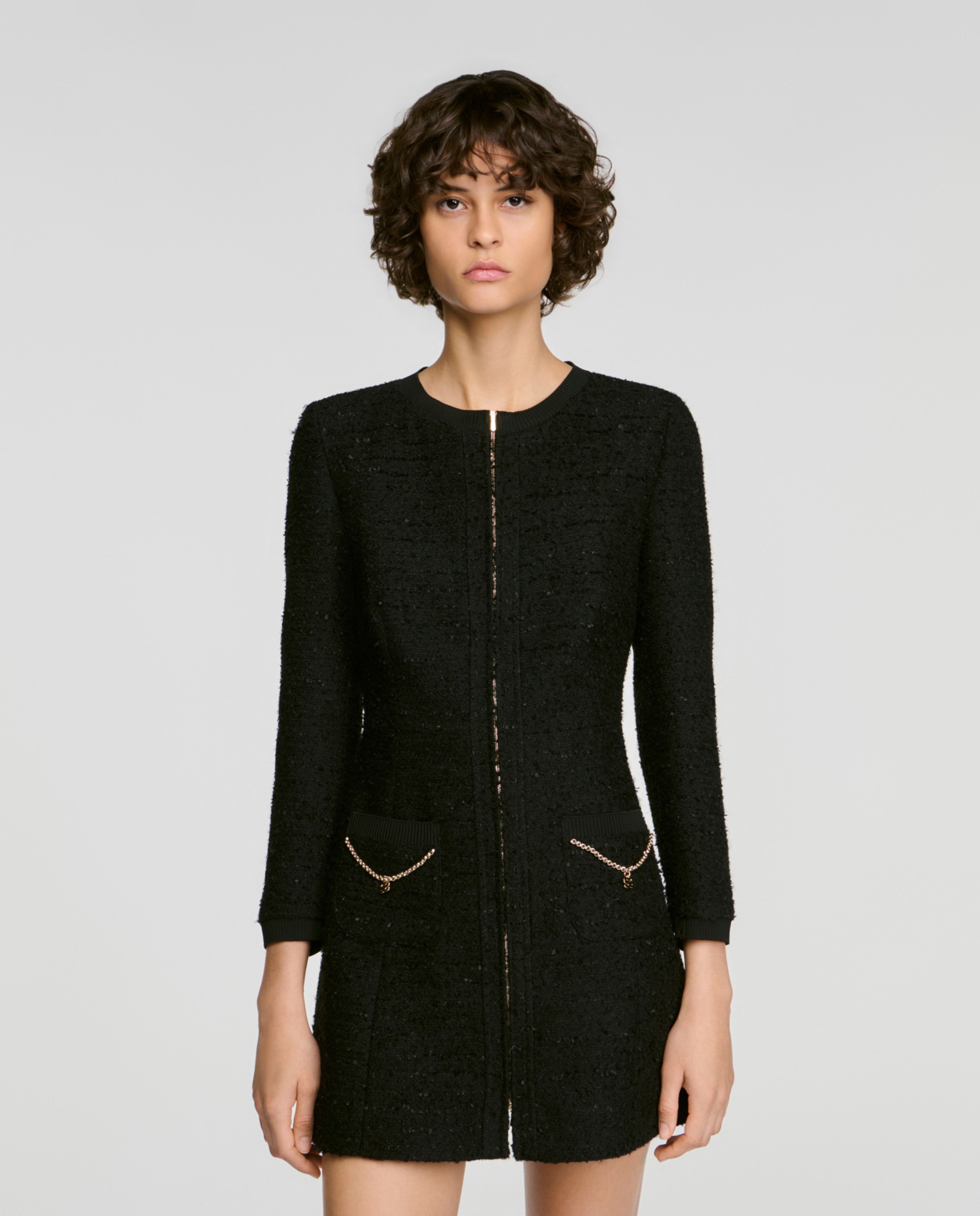 Vestido corto de tweed entallado con cadenas - Sandro - Negro Negro-3