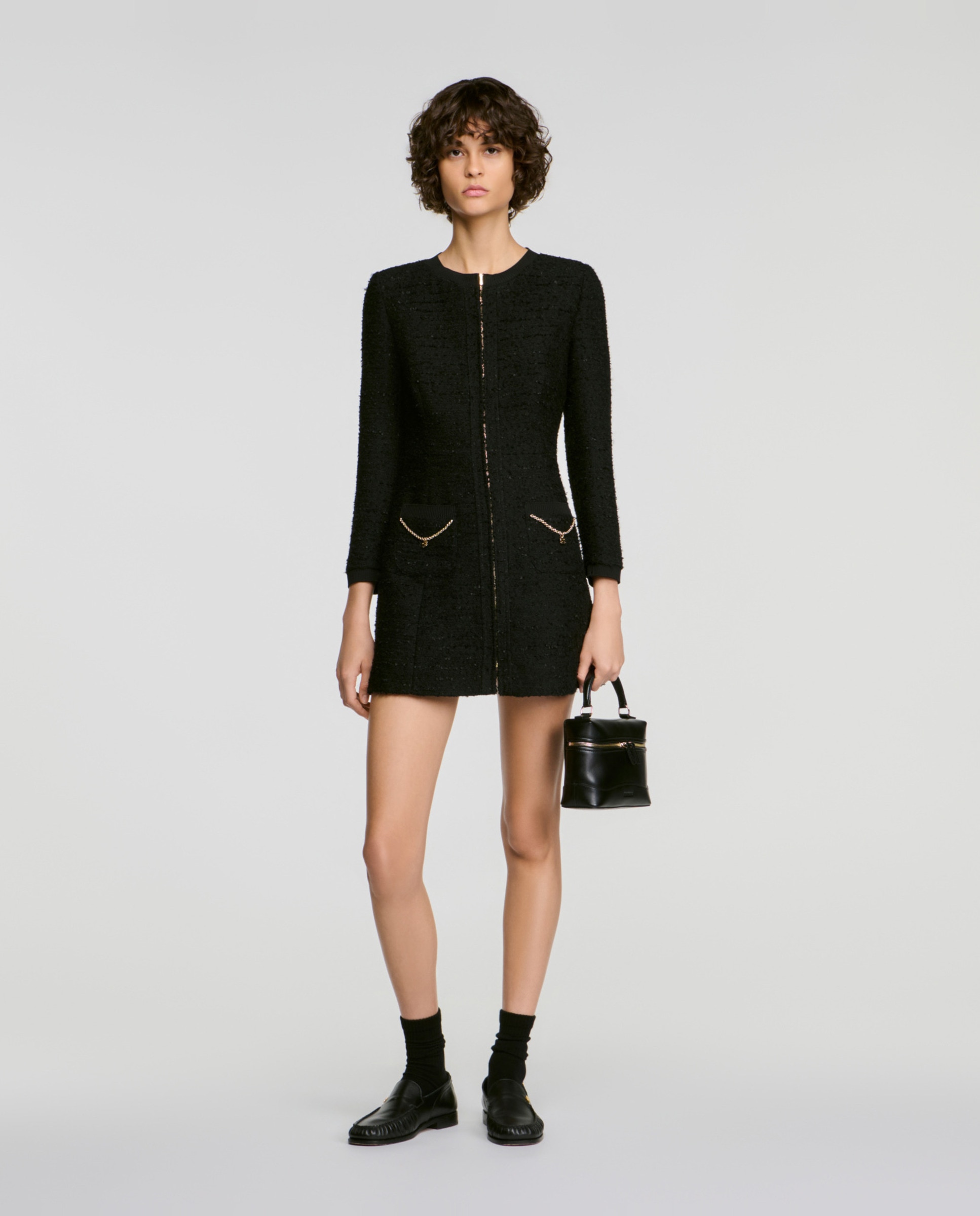 Vestido corto de tweed entallado con cadenas - Sandro - Negro Negro-5