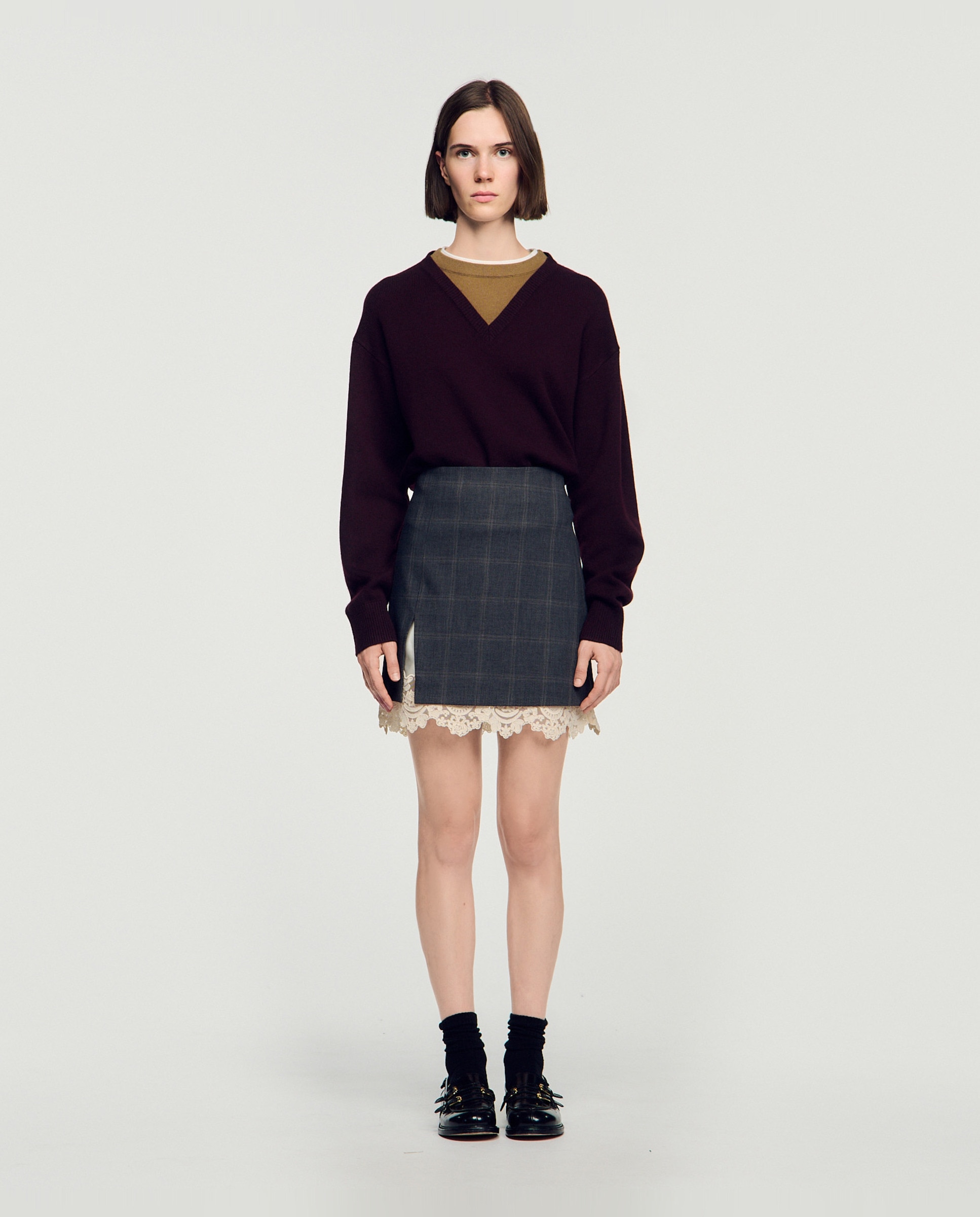 Falda corta de cuadros con encaje en contraste - Sandro - Gris Gris-1