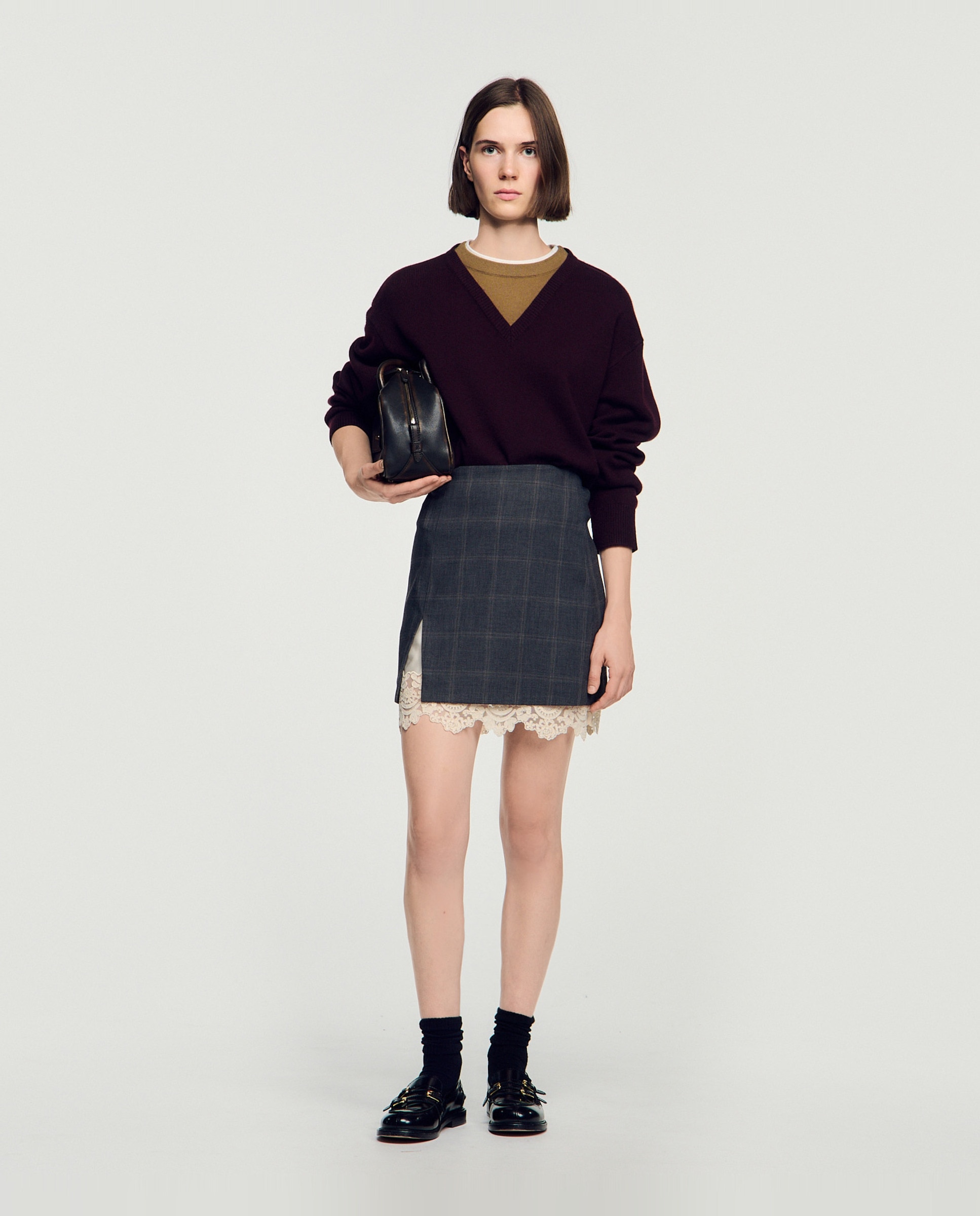 Falda corta de cuadros con encaje en contraste - Sandro - Gris Gris-5