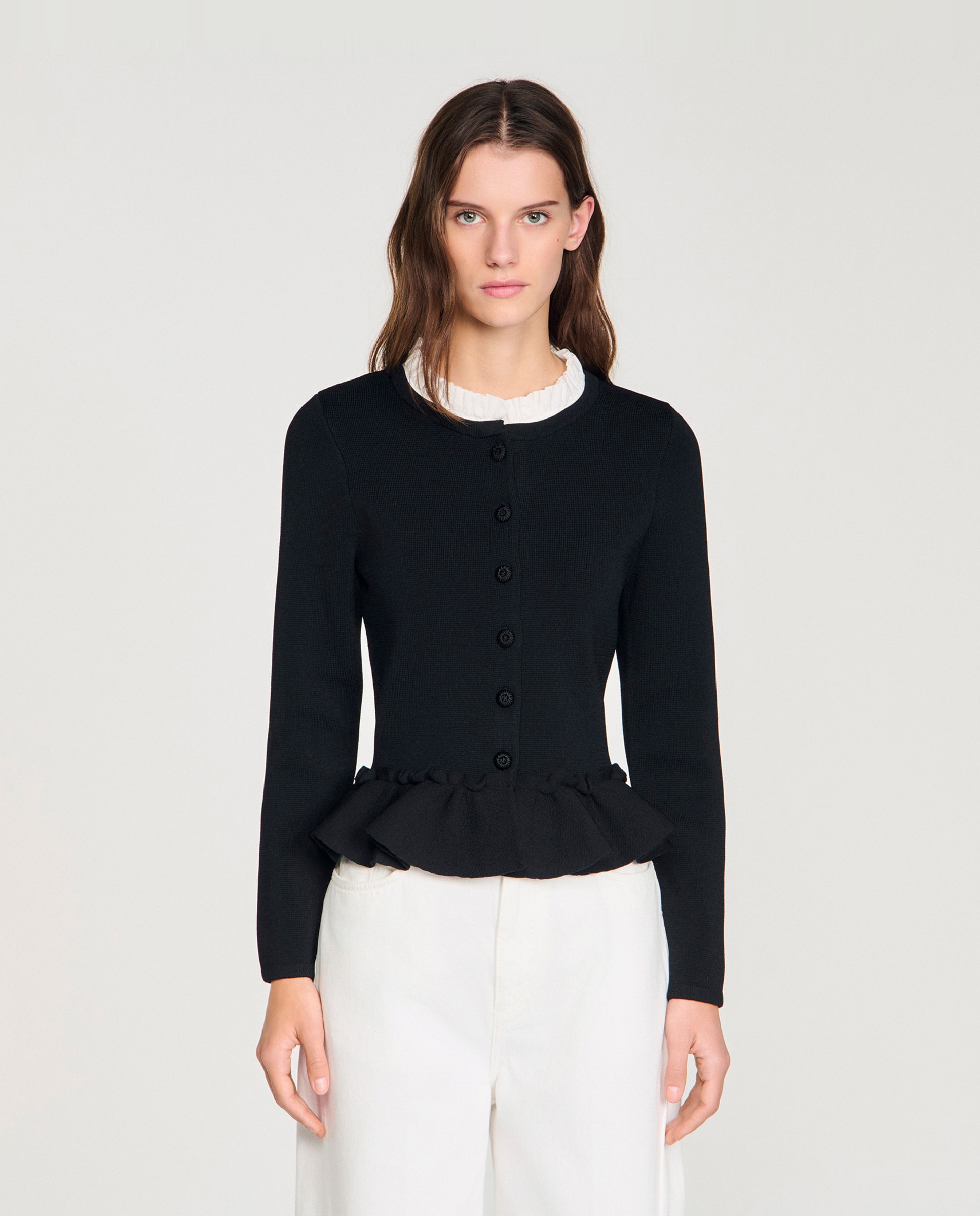 Cárdigan de punto de mujer con peplum y cuello victoriano desmontable - Sandro - Negro Negro-1