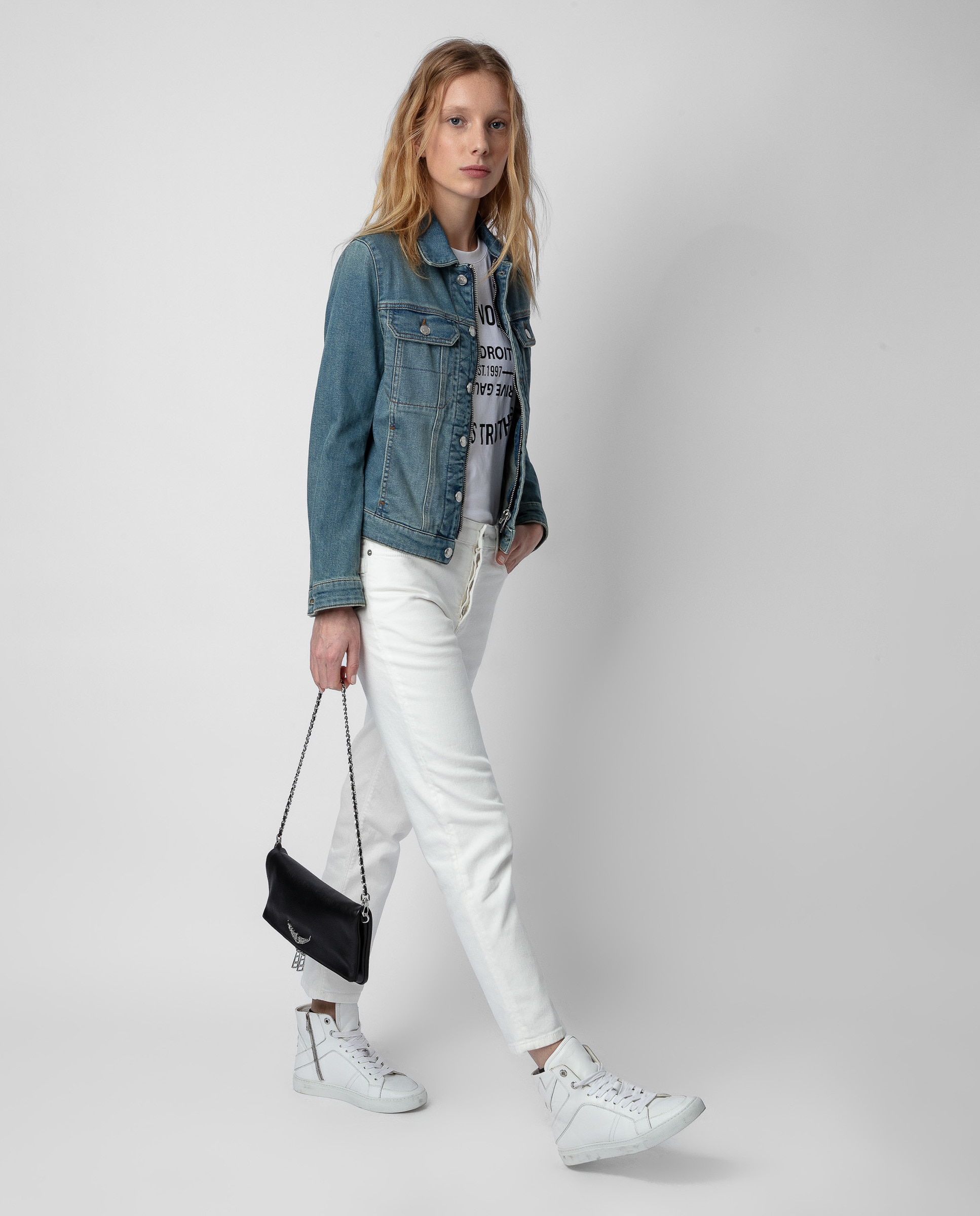 Bolso de mano mediano de cuero granulado con doble cadena y alas de strass - Zadig & Voltaire - Negro Negro-2
