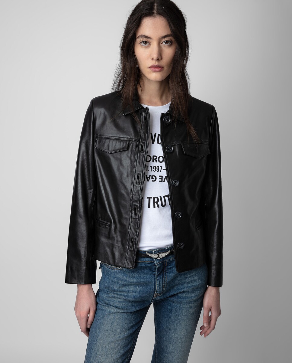 Cazadora de mujer Liam de cuero con botones 34/XS Negro