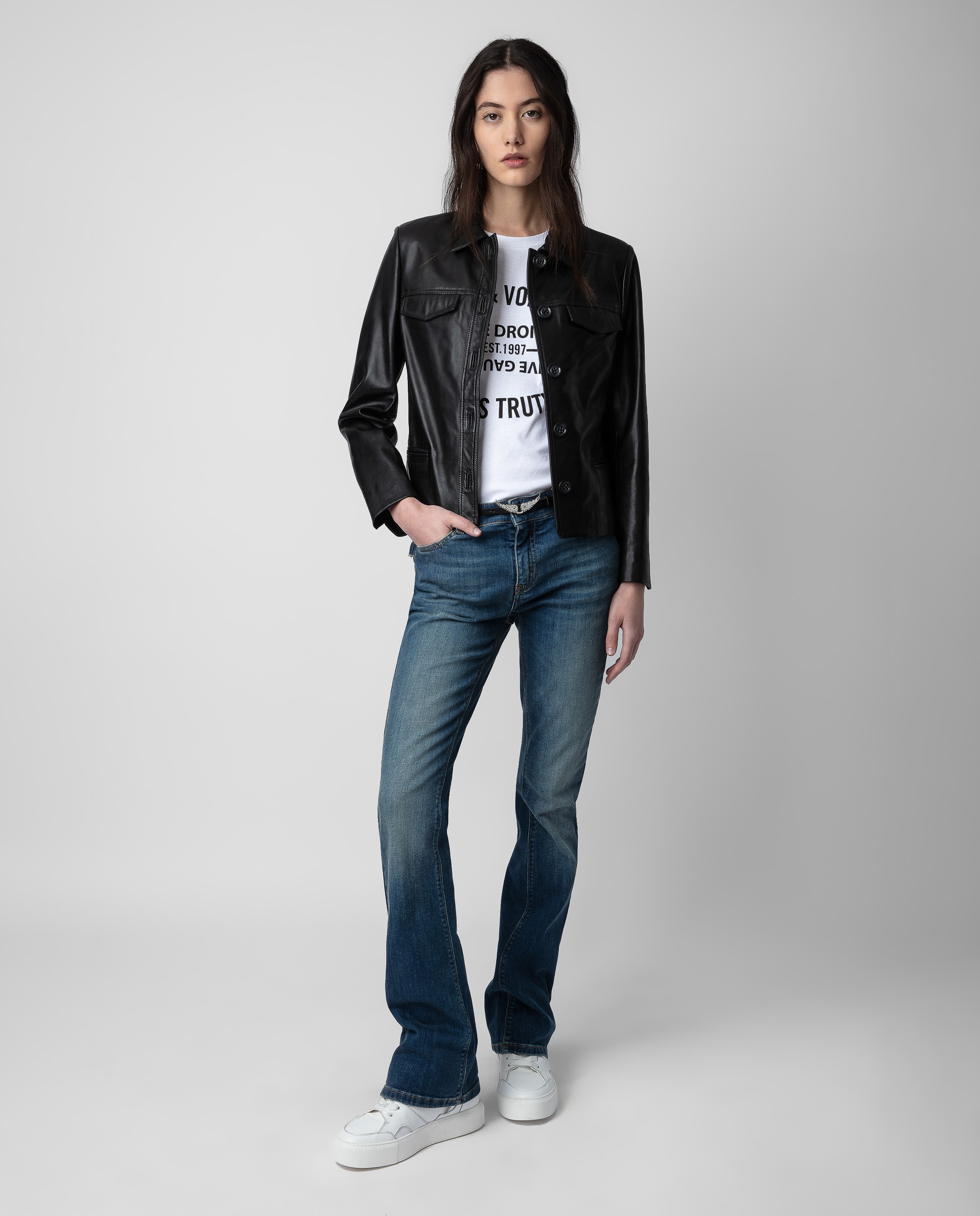 Cazadora de mujer ajustada abotonada de piel - Zadig & Voltaire - Negro Negro-3