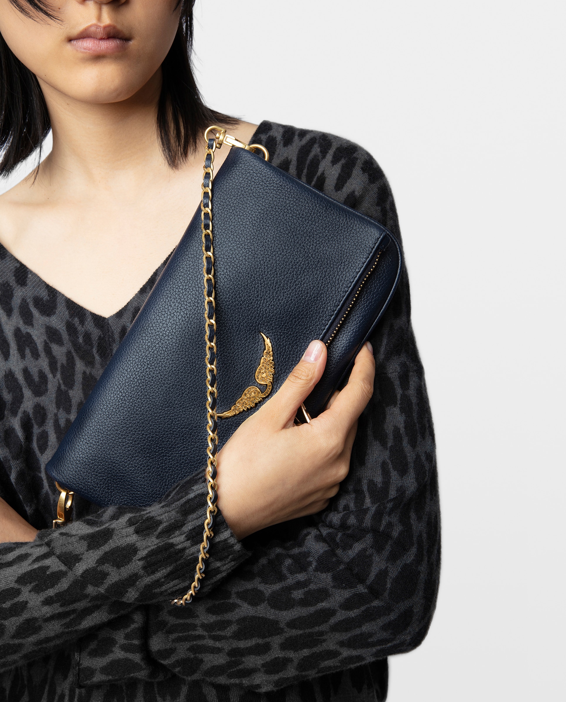 Bolso de mano rock de cuero granulado con doble cadena y strass - Zadig & Voltaire - Azul marino Azul marino-3