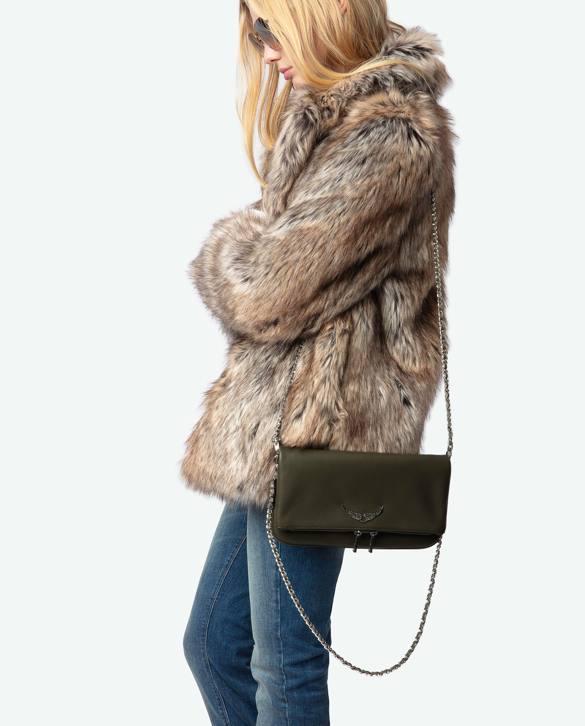 Bolso de mano rock de cuero granulado con doble cadena y strass - Zadig & Voltaire - Verde Verde-3