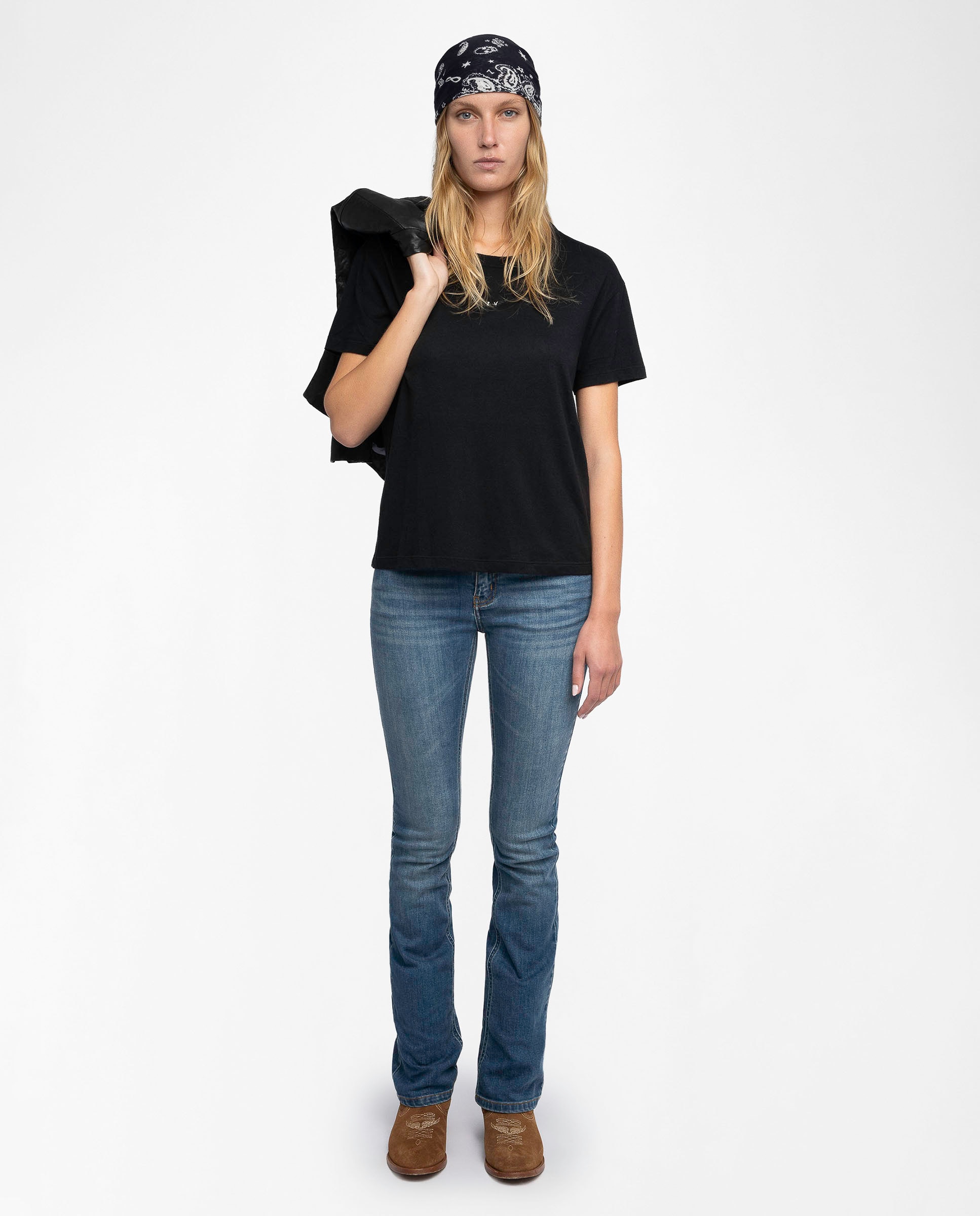 Camiseta de mujer en poliéster con manga corta y pedrería delantera - Zadig & Voltaire - Negro Negro-4