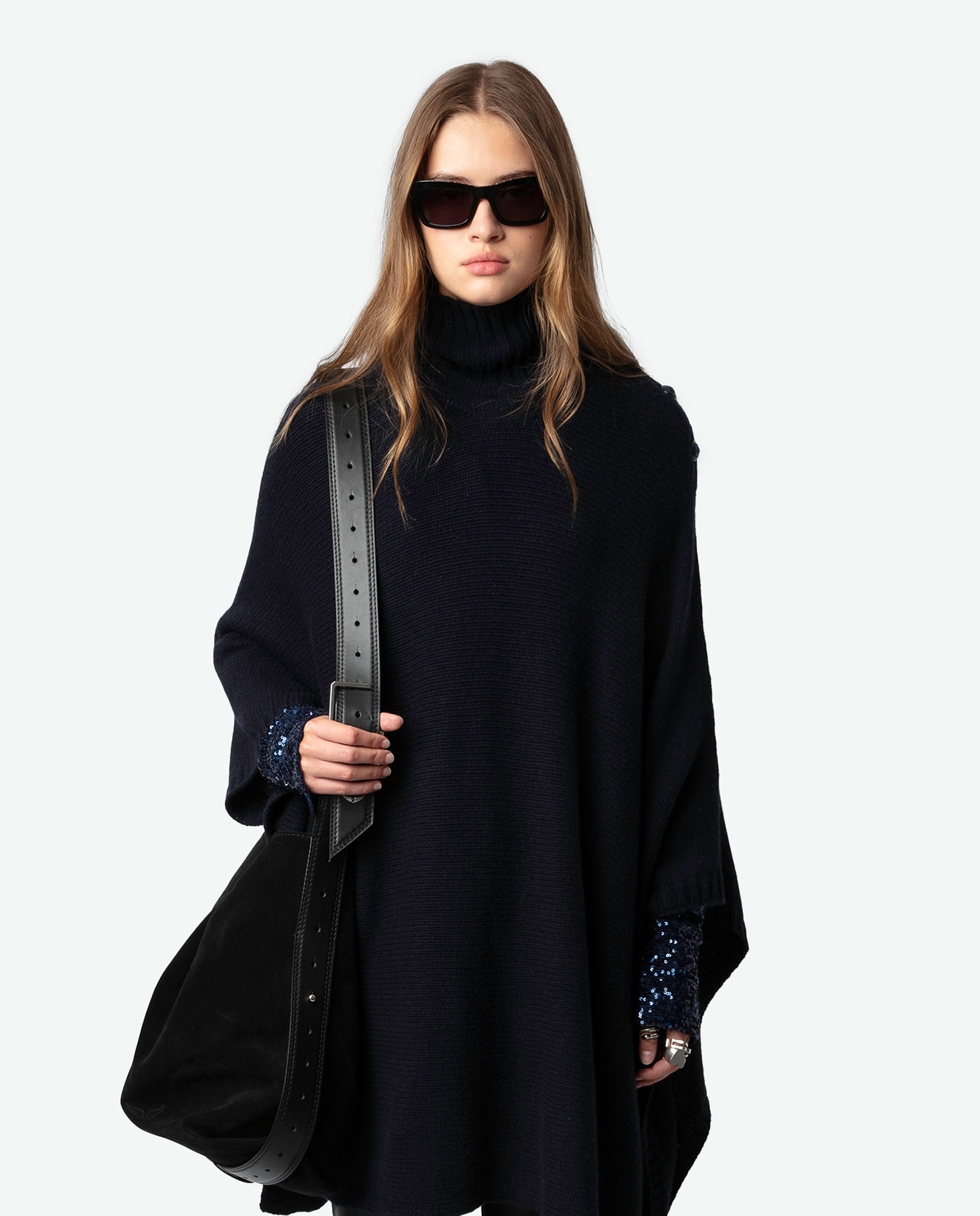 Poncho de mujer 100% Cashmere Palma con mangas 3/4 Azul marino Zadig & Voltaire Azul marino-1
