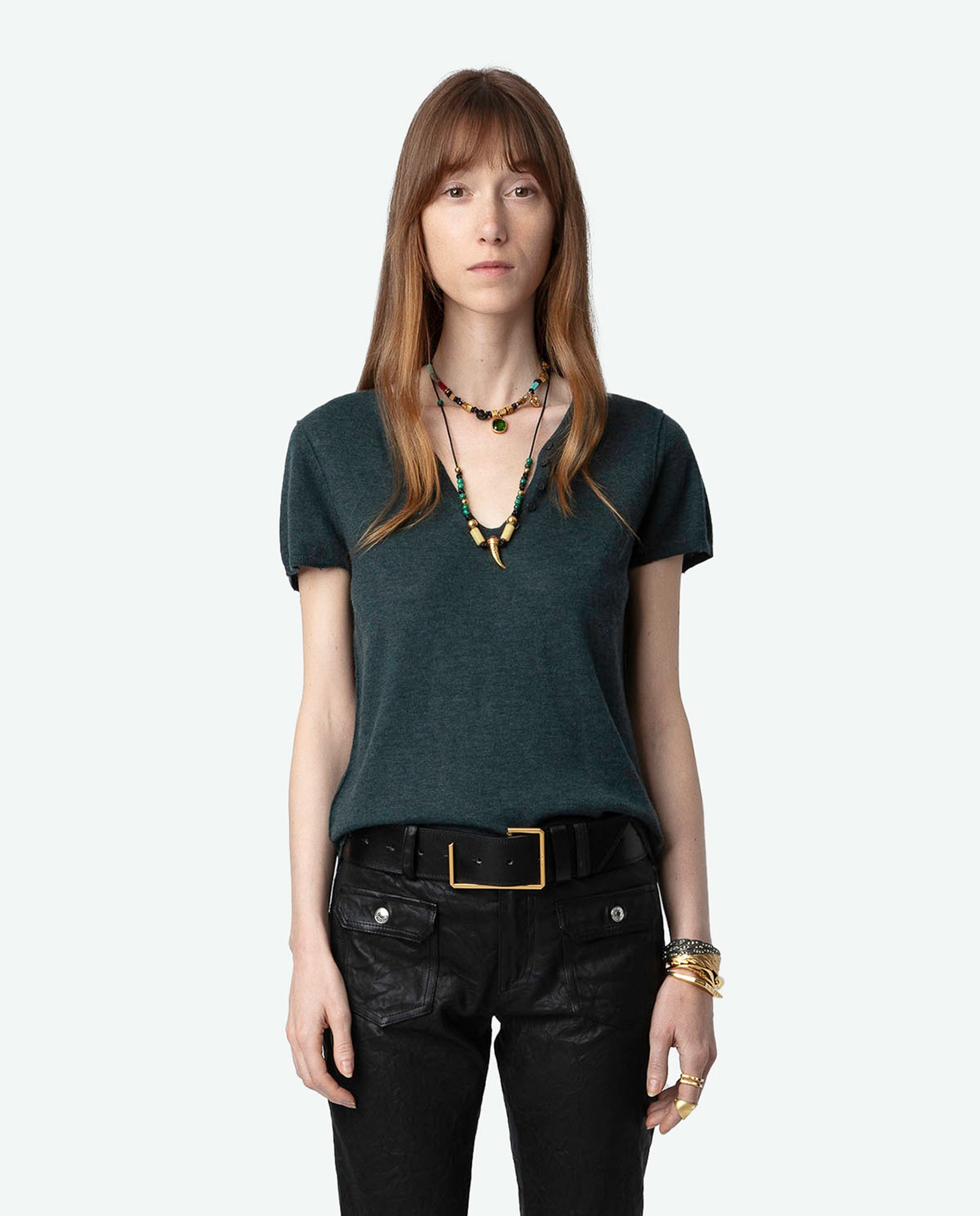 Imagen 1 de Jersey de mujer Celsy de cachemira con manga corta Verde oscuro