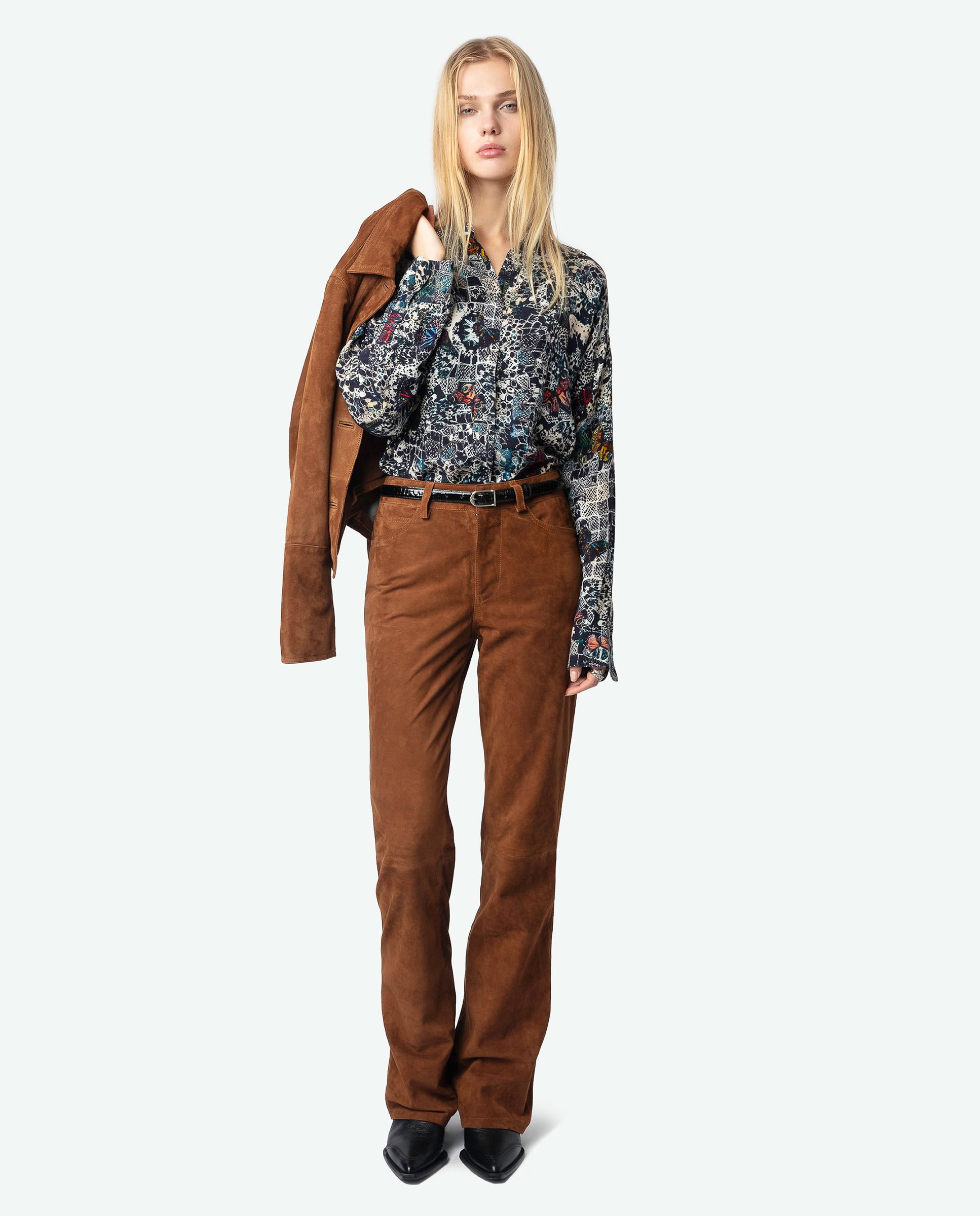 Zadig & Voltaire - Pantalones de mujer de campana 100% piel de ante.