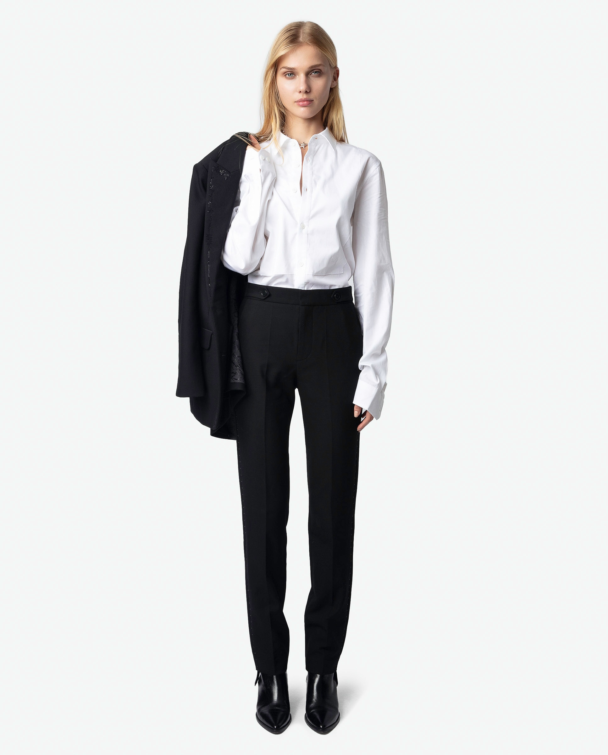 Imagen 0 de Pantalones rectos de mujer de traje cintura alta con strass Negro