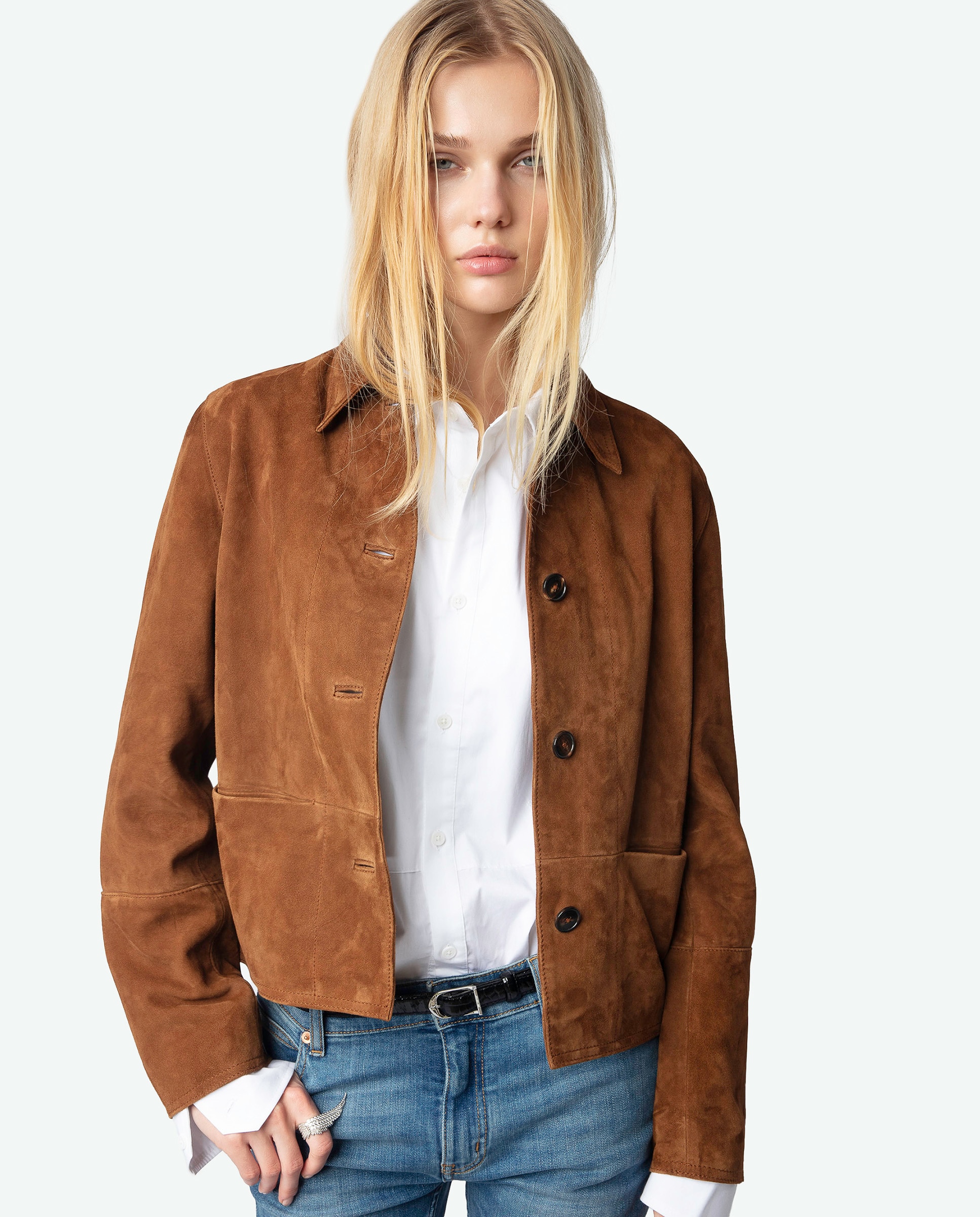 Zadig & Voltaire - Cazadora de mujer crop de mangas largas 100% piel de ante.