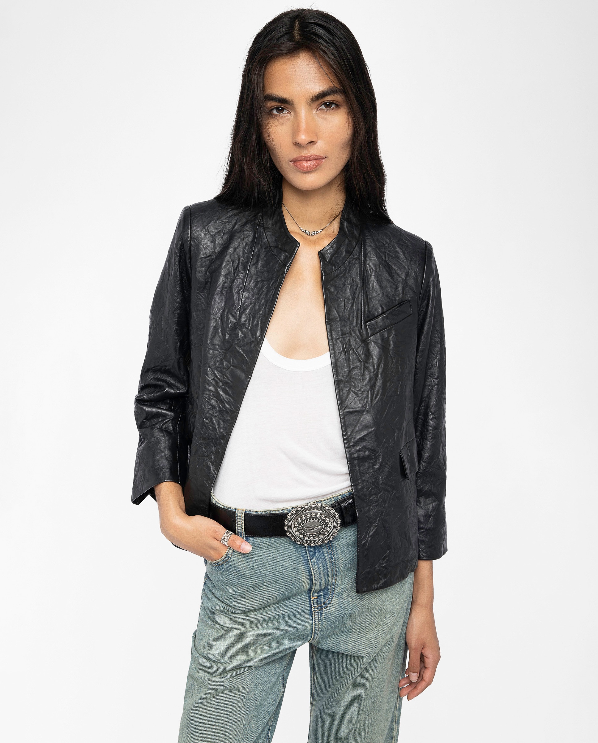 Cazadora de mujer de piel arrugada ajustada - Zadig & Voltaire - Azul Negro-1