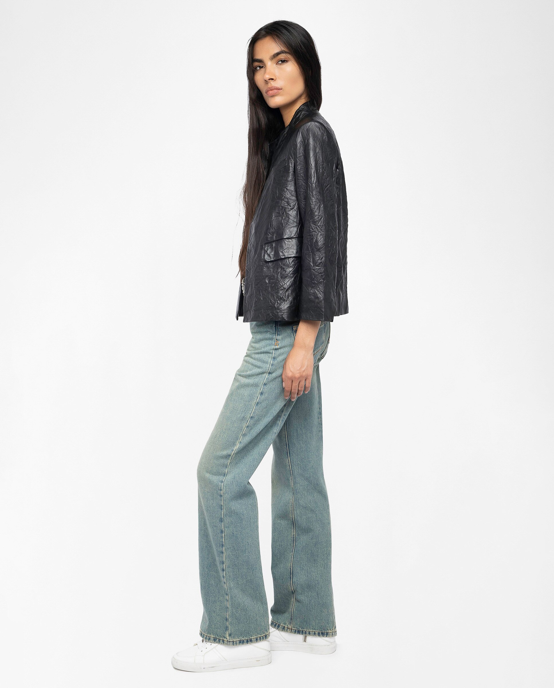 Cazadora de mujer de piel arrugada ajustada - Zadig & Voltaire - Azul Negro-3