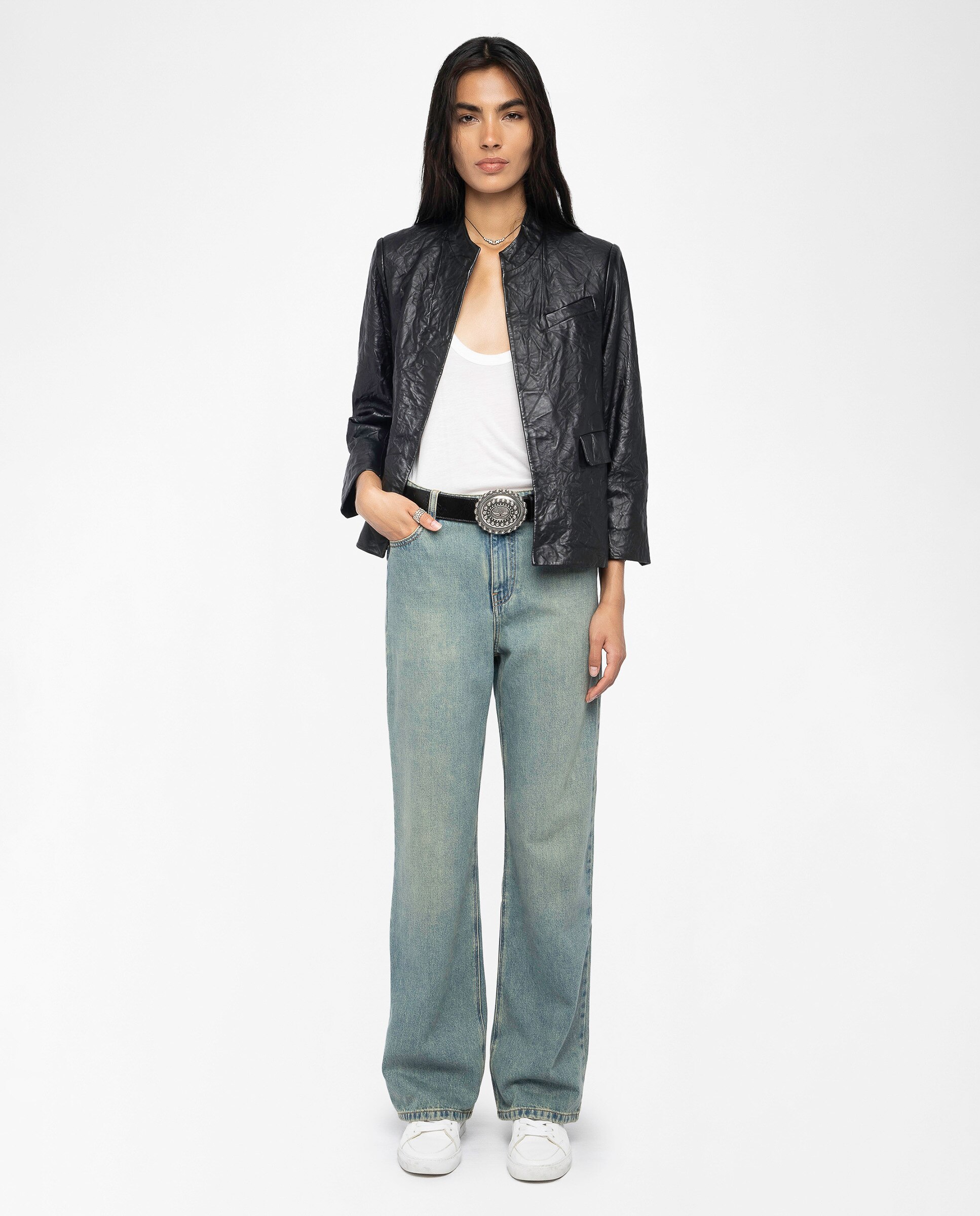 Cazadora de mujer de piel arrugada ajustada - Zadig & Voltaire - Azul Negro-4