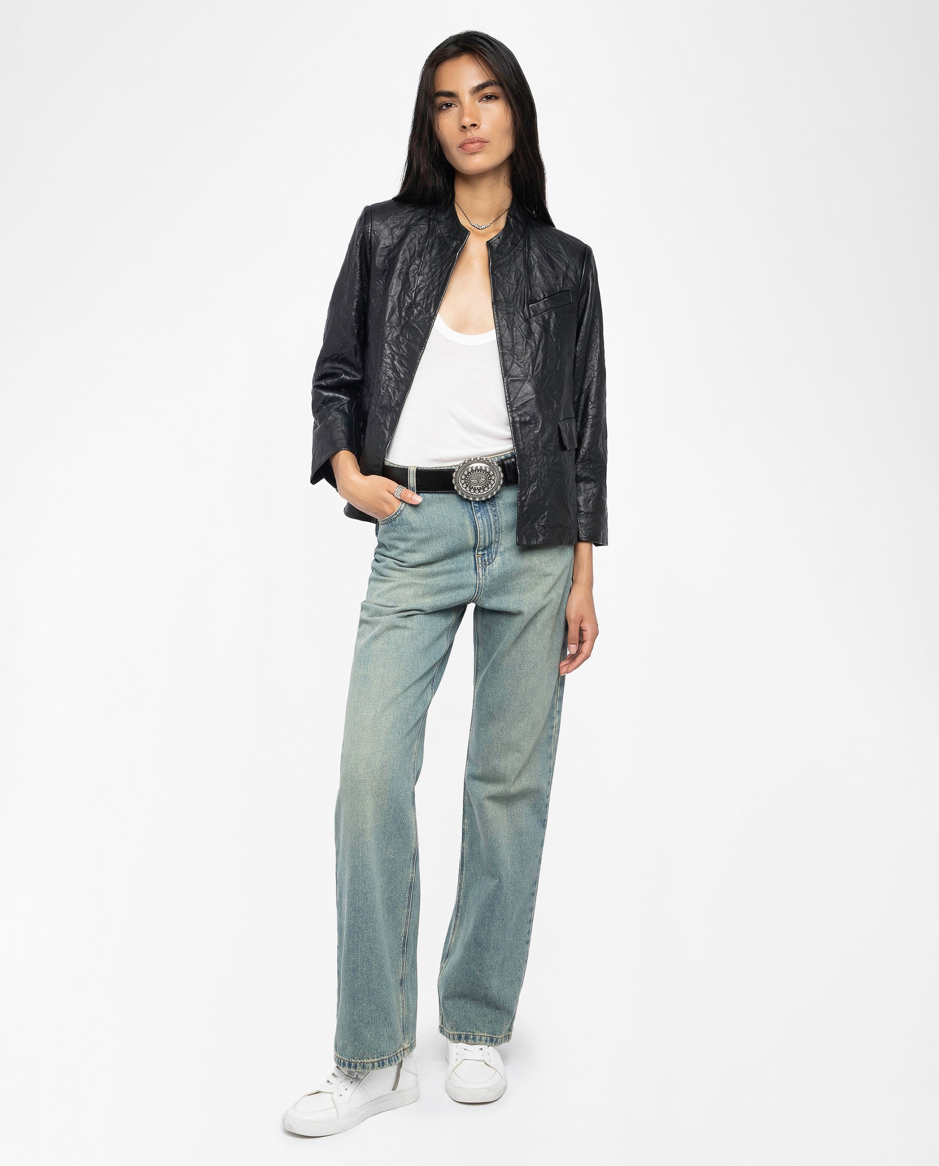 Cazadora de mujer de piel arrugada ajustada - Zadig & Voltaire - Azul Negro-6