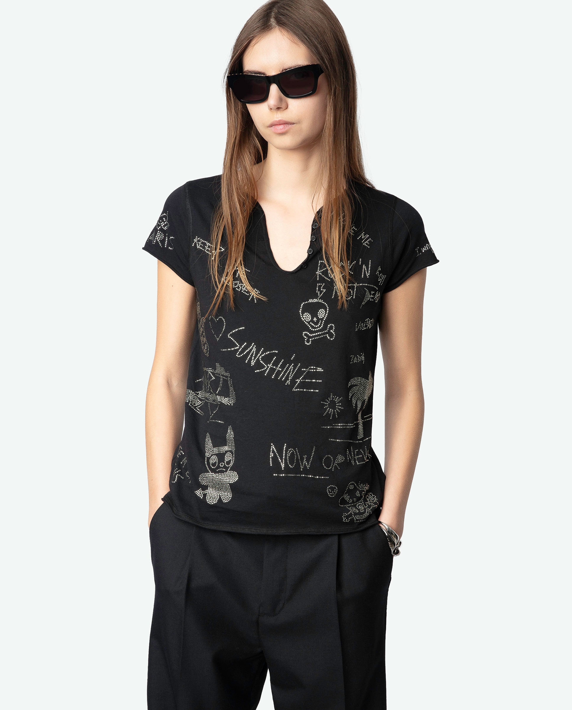Zadig & Voltaire - Camiseta tunecina de mujer de manga corta 100% algodón con strass multicolor.