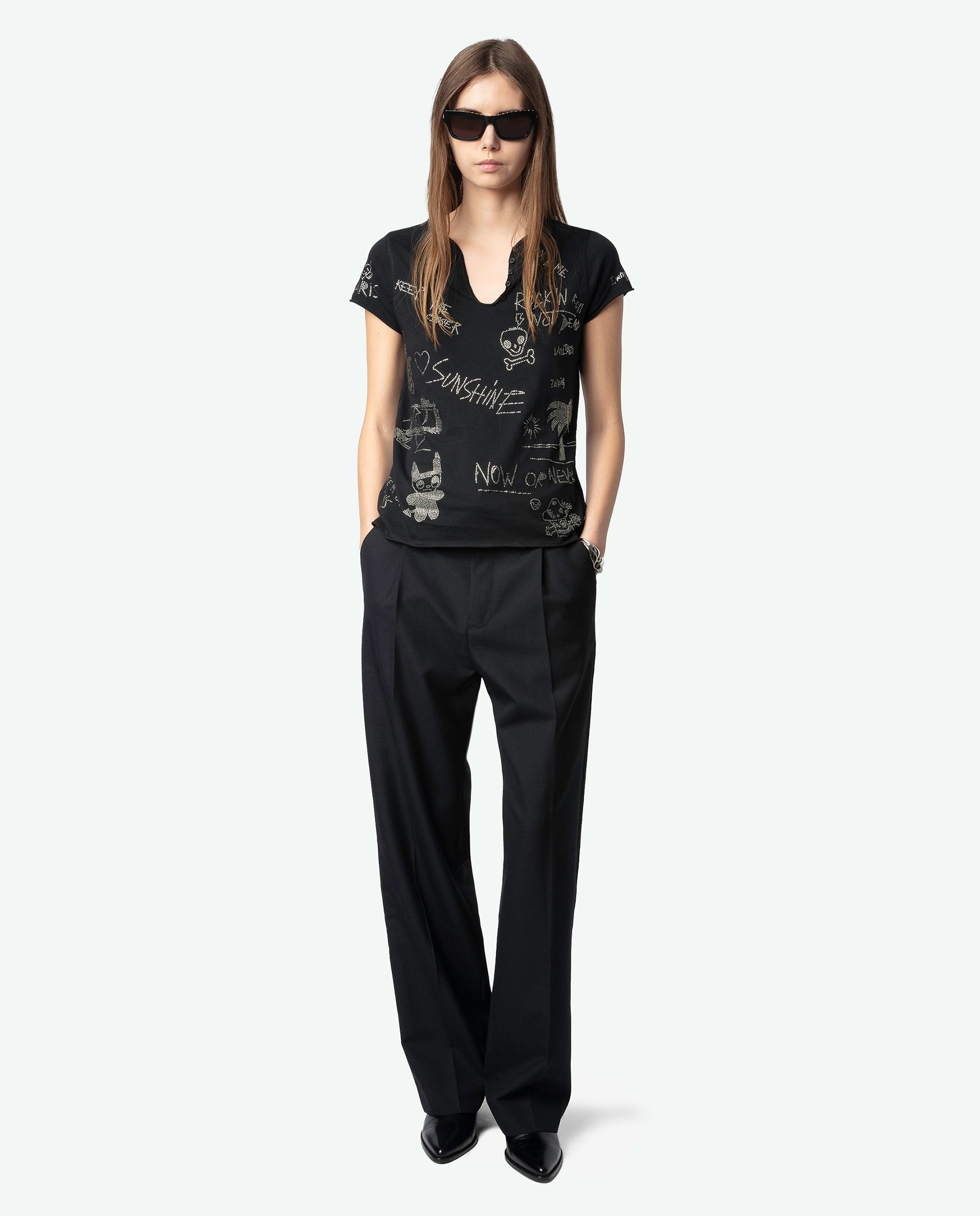 Camiseta tunecina de mujer de manga corta 100% algodón con strass multicolor - Zadig & Voltaire - Negro Negro-4