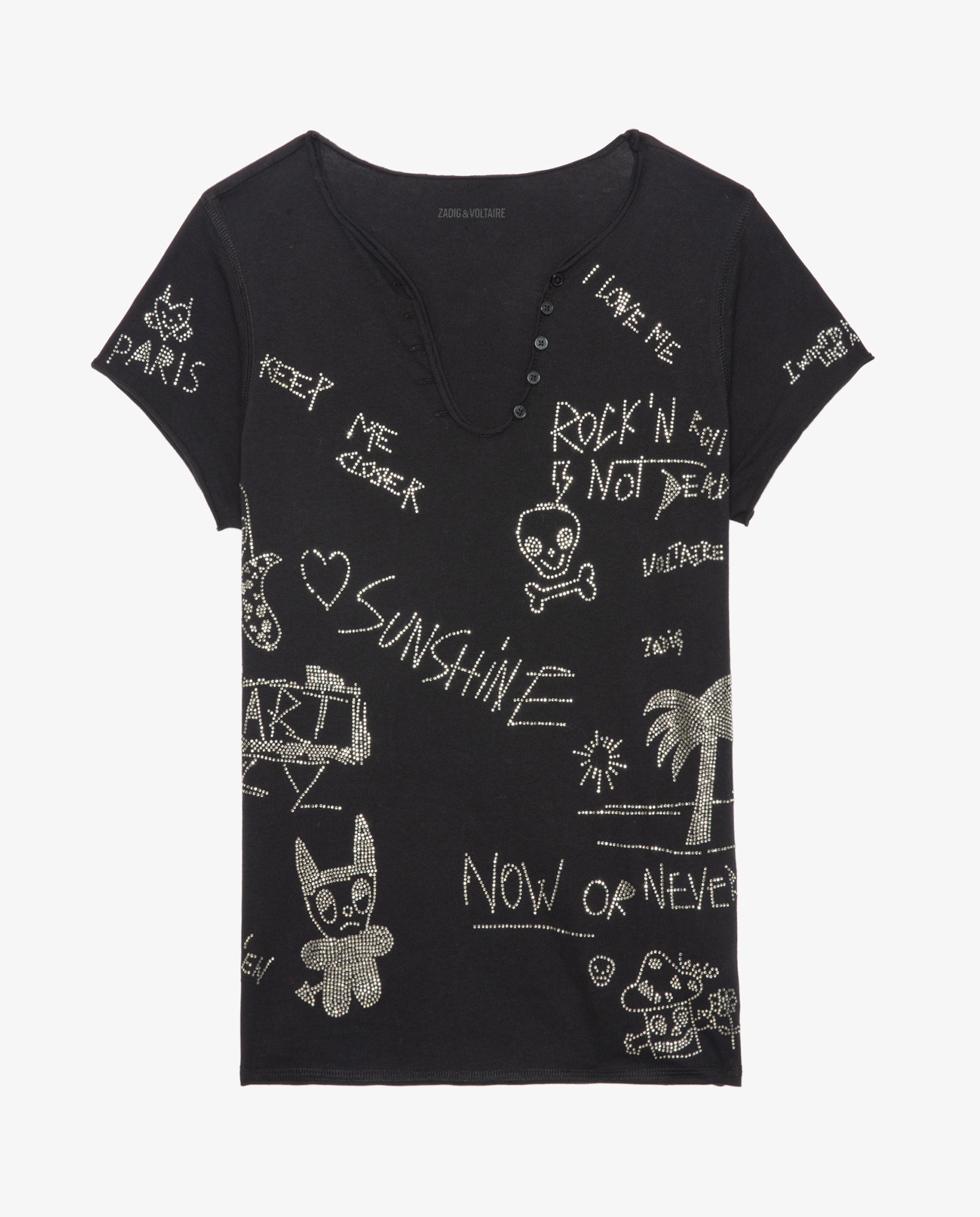 Camiseta tunecina de mujer de manga corta 100% algodón con strass multicolor - Zadig & Voltaire - Negro Negro-7