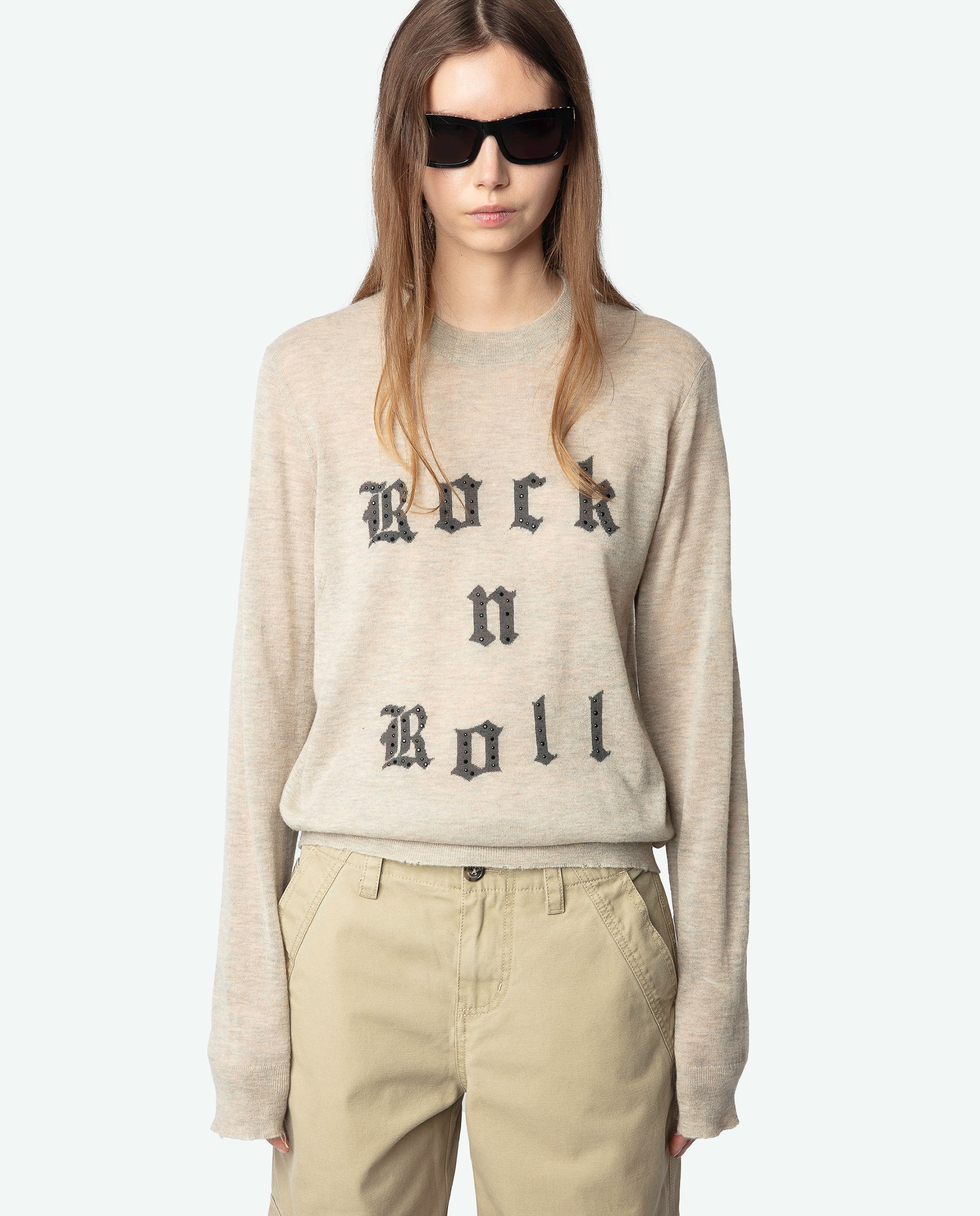 SY32 Mサイズ　ベージュ　PANEL BORDER SWEATER Jersey de mujer Ivy 100% cachemira con letrero frontal Beige Zadig