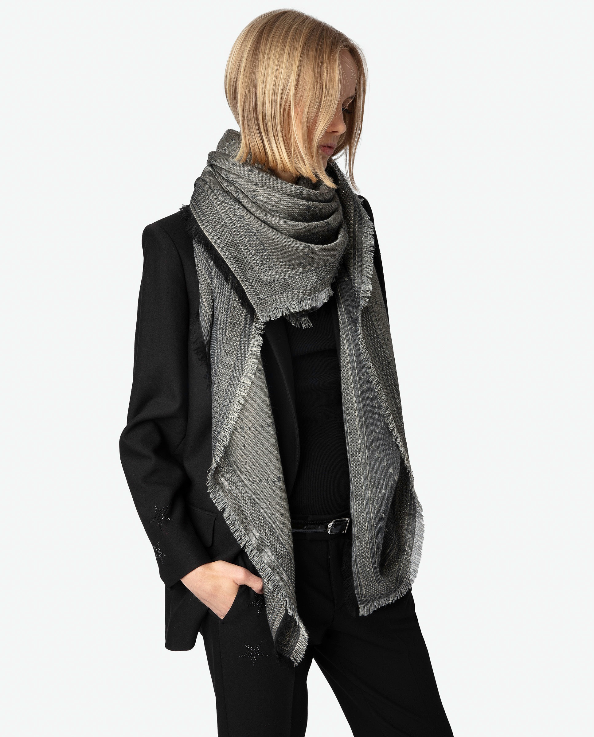 Foulard de mujer grande jacquard con monograma metalizado de modal - Zadig & Voltaire - Gris Gris-2