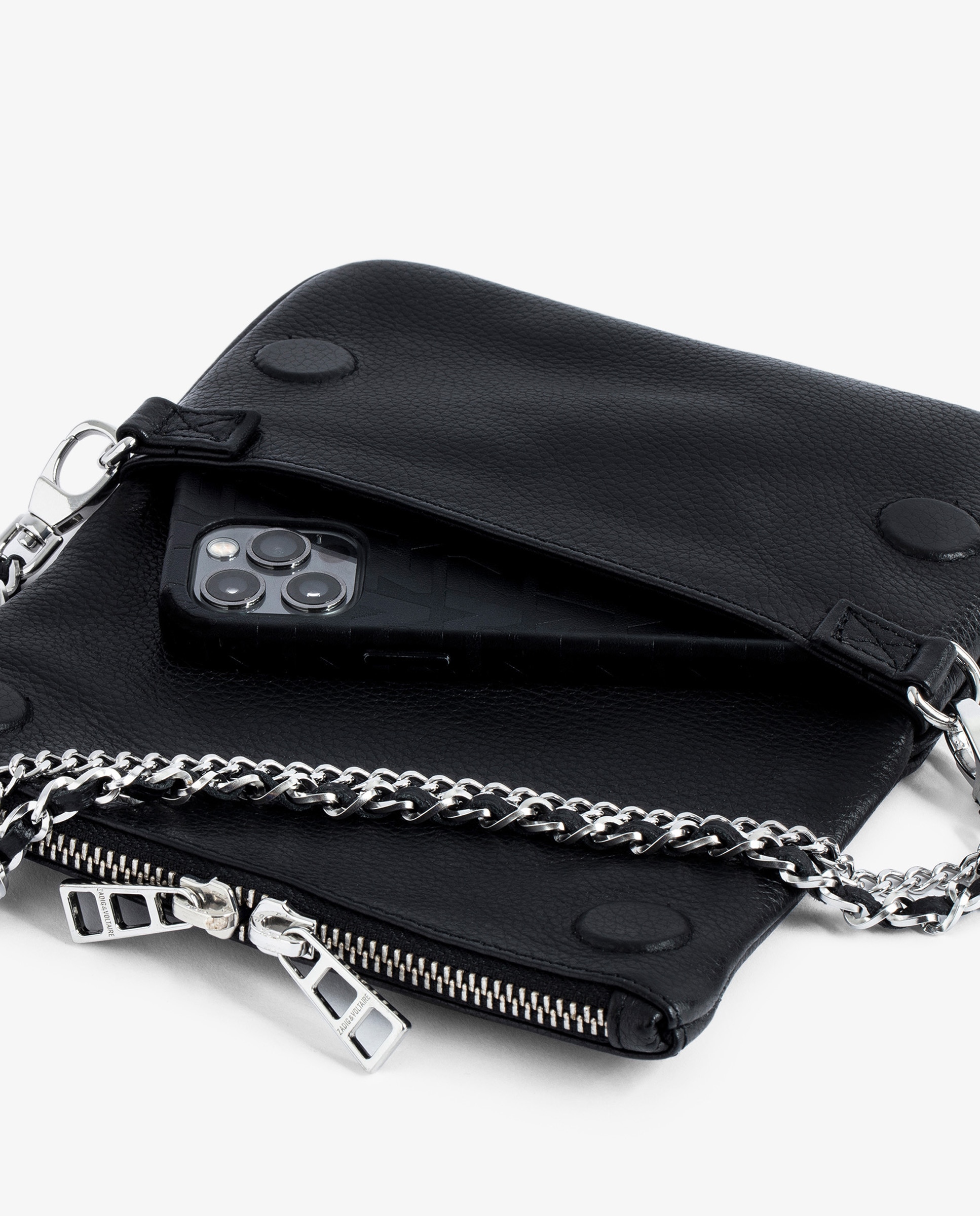 Bolso mini de mano rock de cuero granulado con cadenas y strass - Zadig & Voltaire - Plata Plata-5