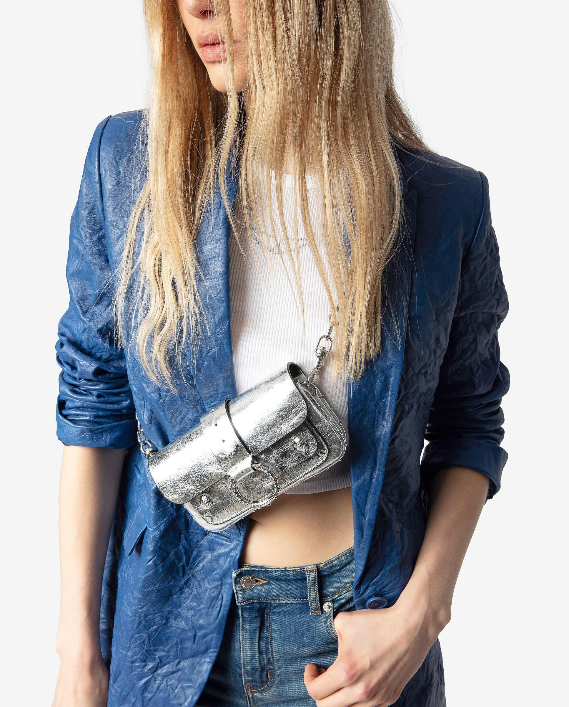 Minibolso de piel metalizada vintage con cadena y anilla - Zadig & Voltaire - Plata Plata-2