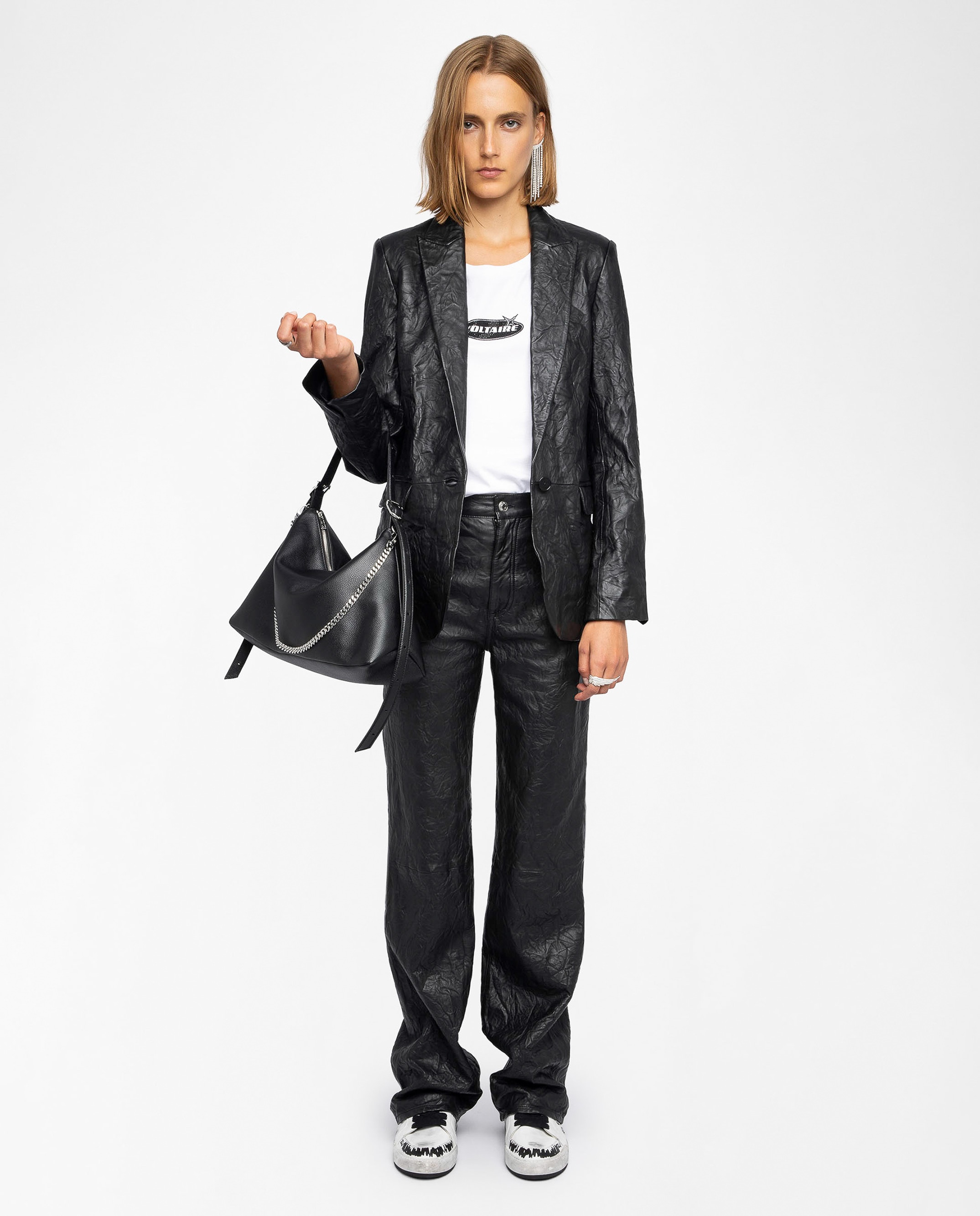 Cazadora de mujer recta de cuero arrugado con un solo botón - Zadig & Voltaire - Negro Negro-4