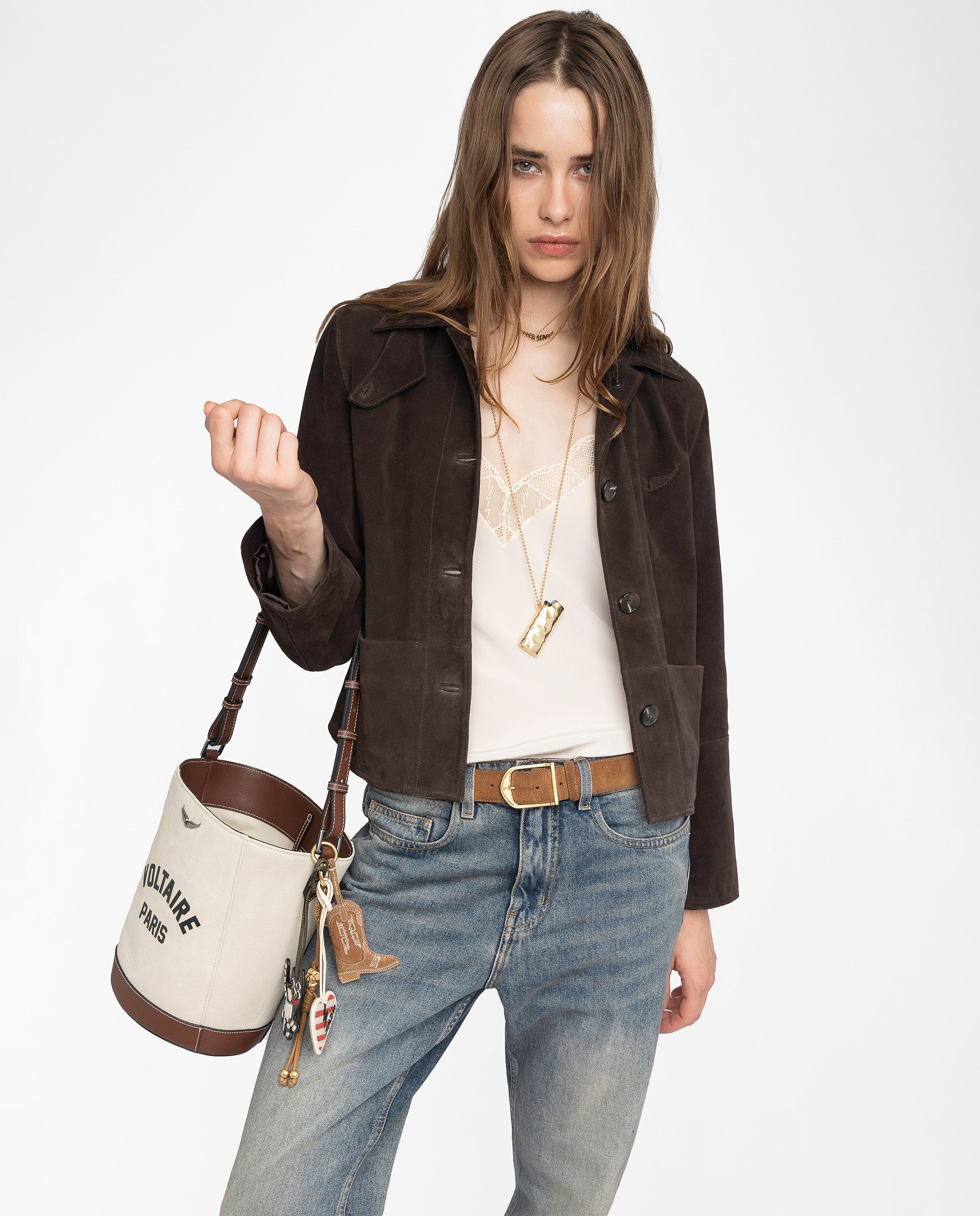 Zadig & Voltaire - Cazadora de cuero ante de mujer corta abotonada.