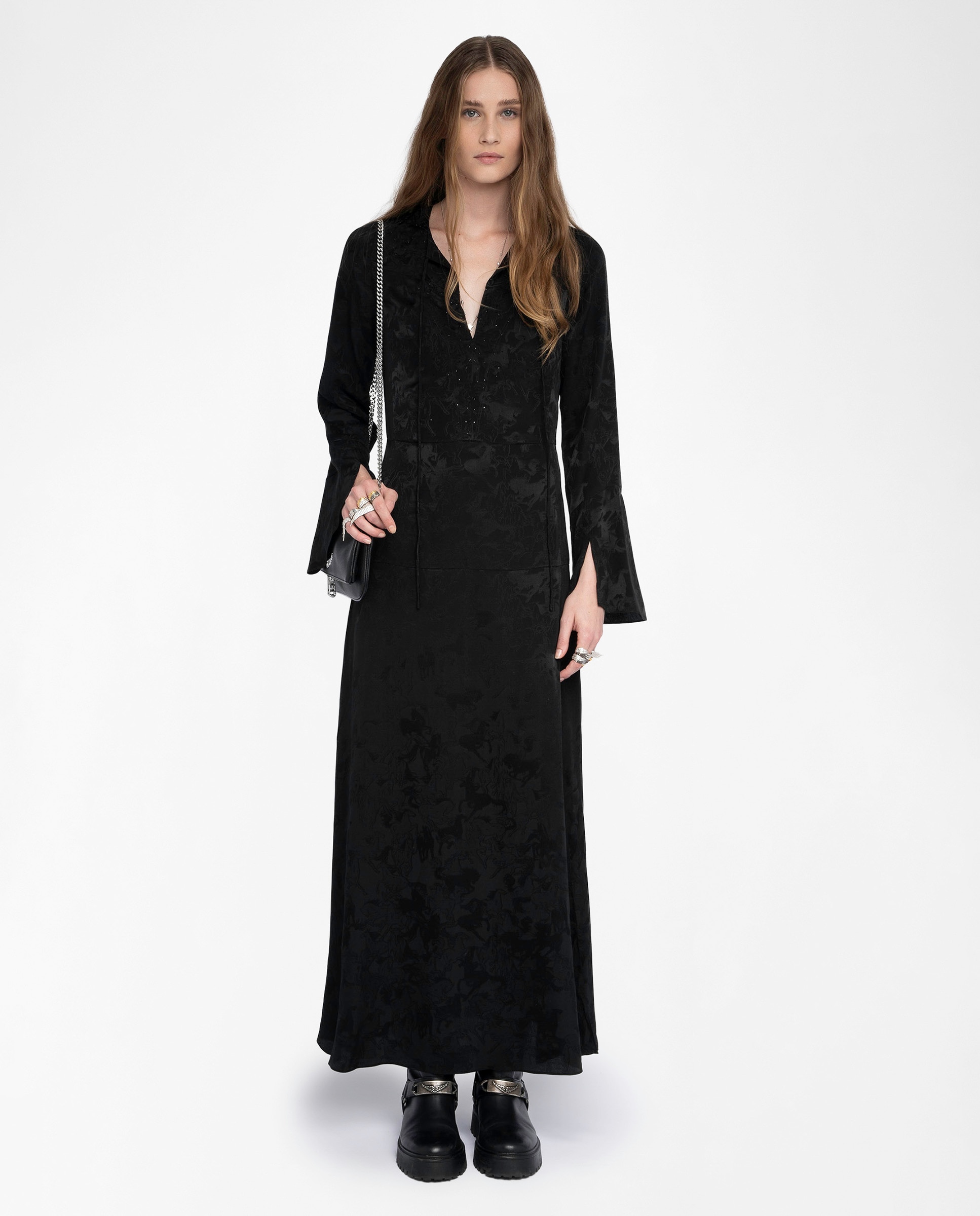 Zadig & Voltaire - Vestido Rikal 100% seda larga de mangas largas.