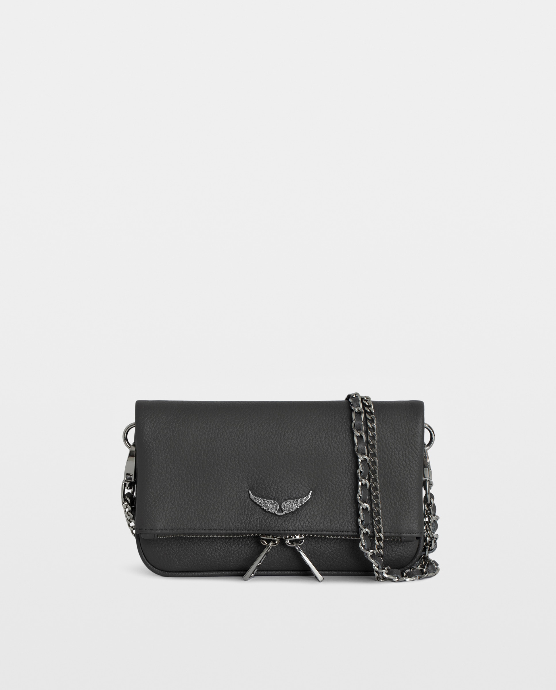 Bolso mini de mano rock de cuero granulado con cadenas y strass - Zadig & Voltaire - Gris Gris-1