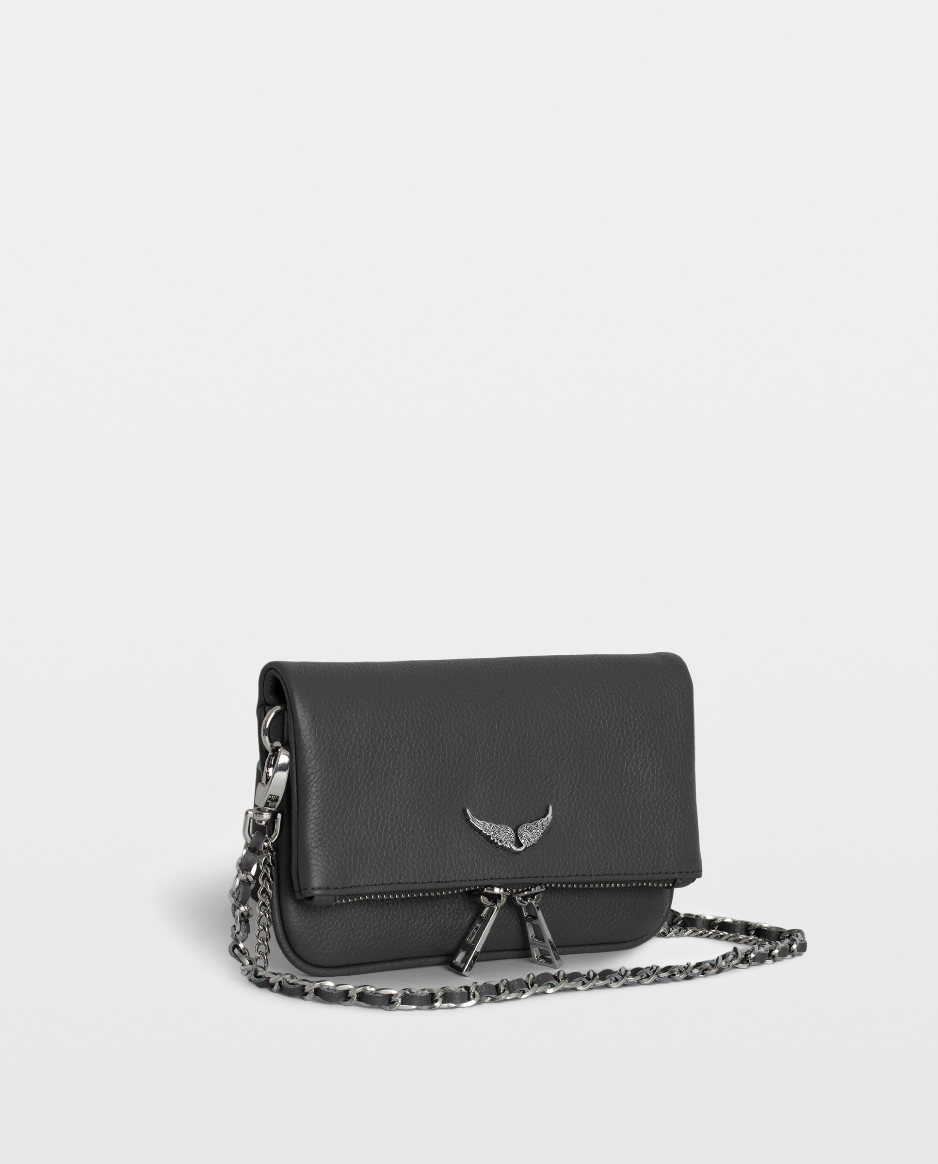 Bolso mini de mano rock de cuero granulado con cadenas y strass - Zadig & Voltaire - Gris Gris-4