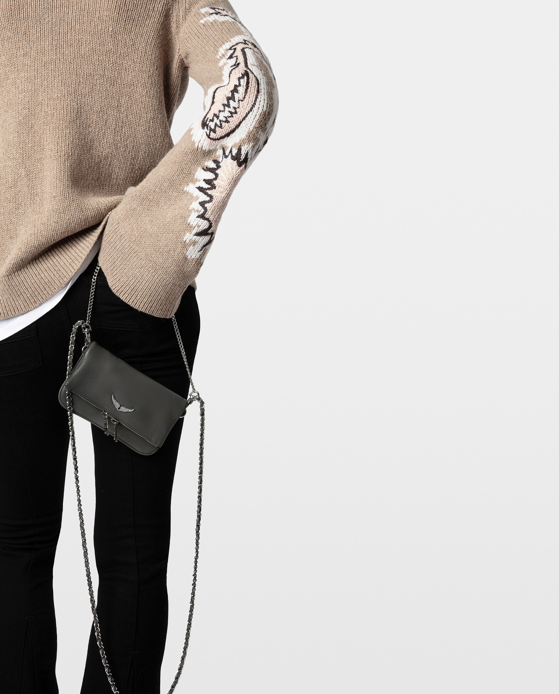 Bolso mini de mano rock de cuero granulado con cadenas y strass - Zadig & Voltaire - Gris Gris-2