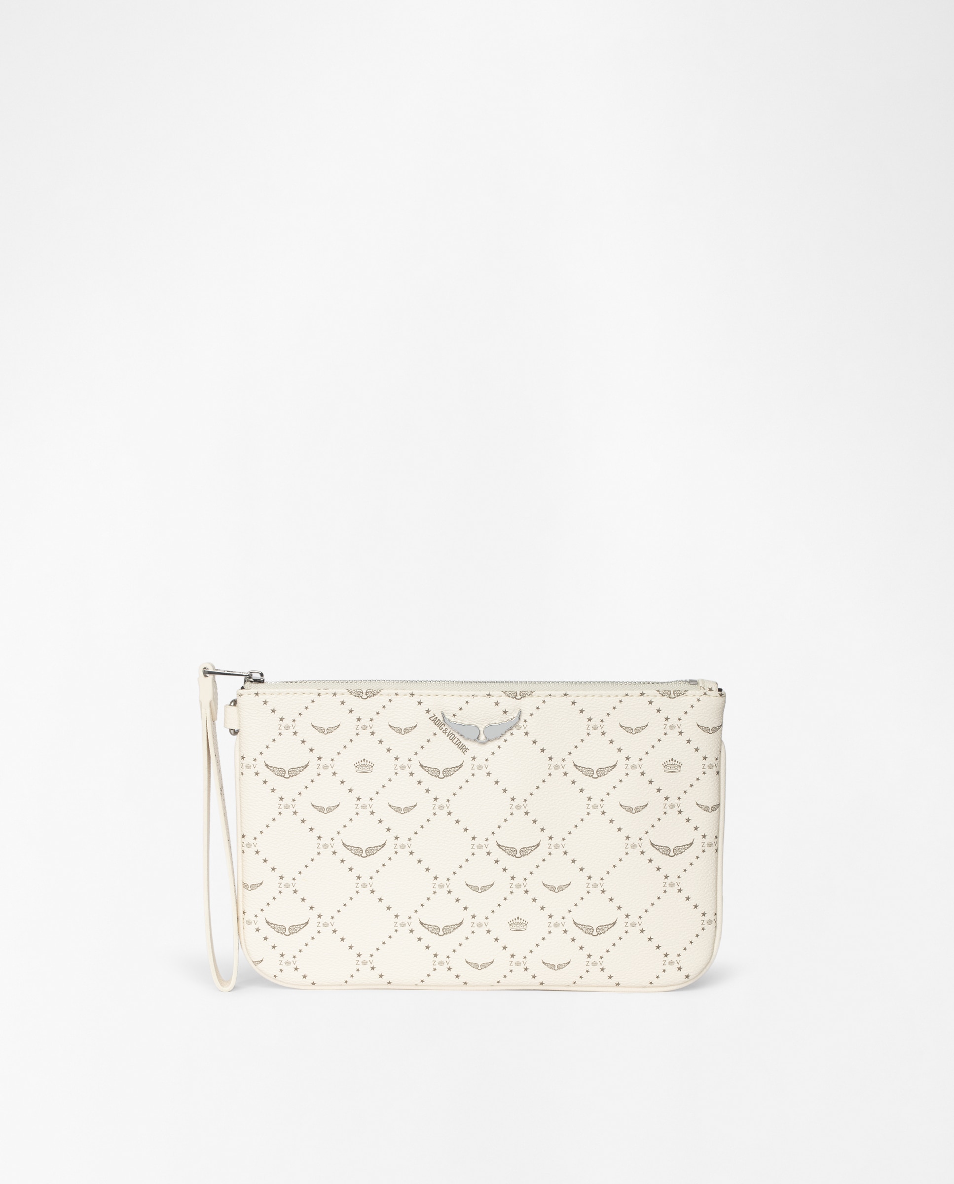 Cartera de mano pequeña de lona revestida para mujer con monograma, alas distintivas y cierre de cremallera - Zadig & Voltaire - Blanco Blanco-1