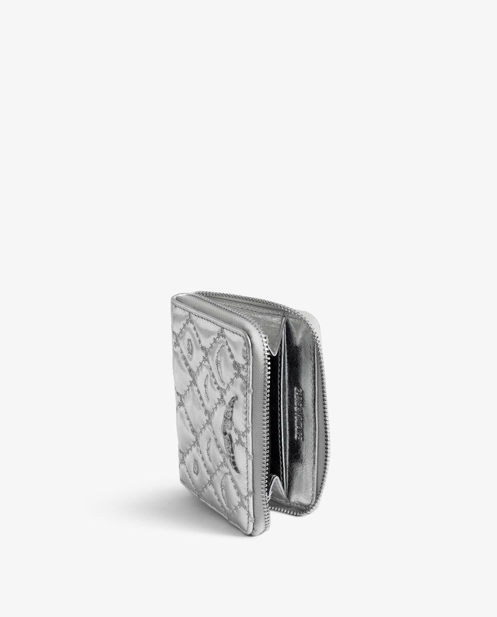 Monedero Mini Brillante Para Mujer – Piel Auténtica Plateada, Medidas 11x8x2 Cm, Con Compartimento Con Cremallera
