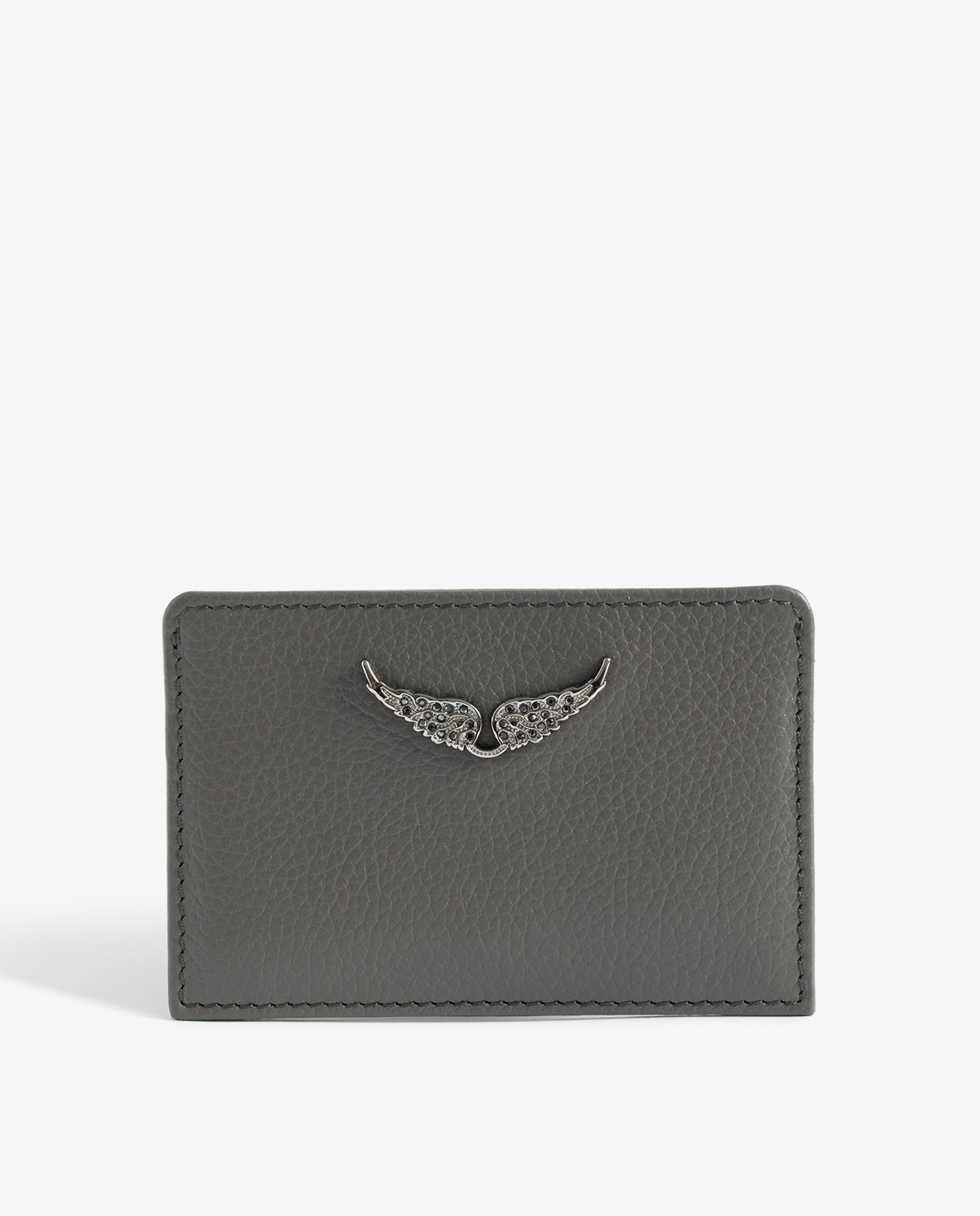 Tarjetero pequeño de mujer de piel granulada con colgante strass - Zadig & Voltaire - Gris Gris-1