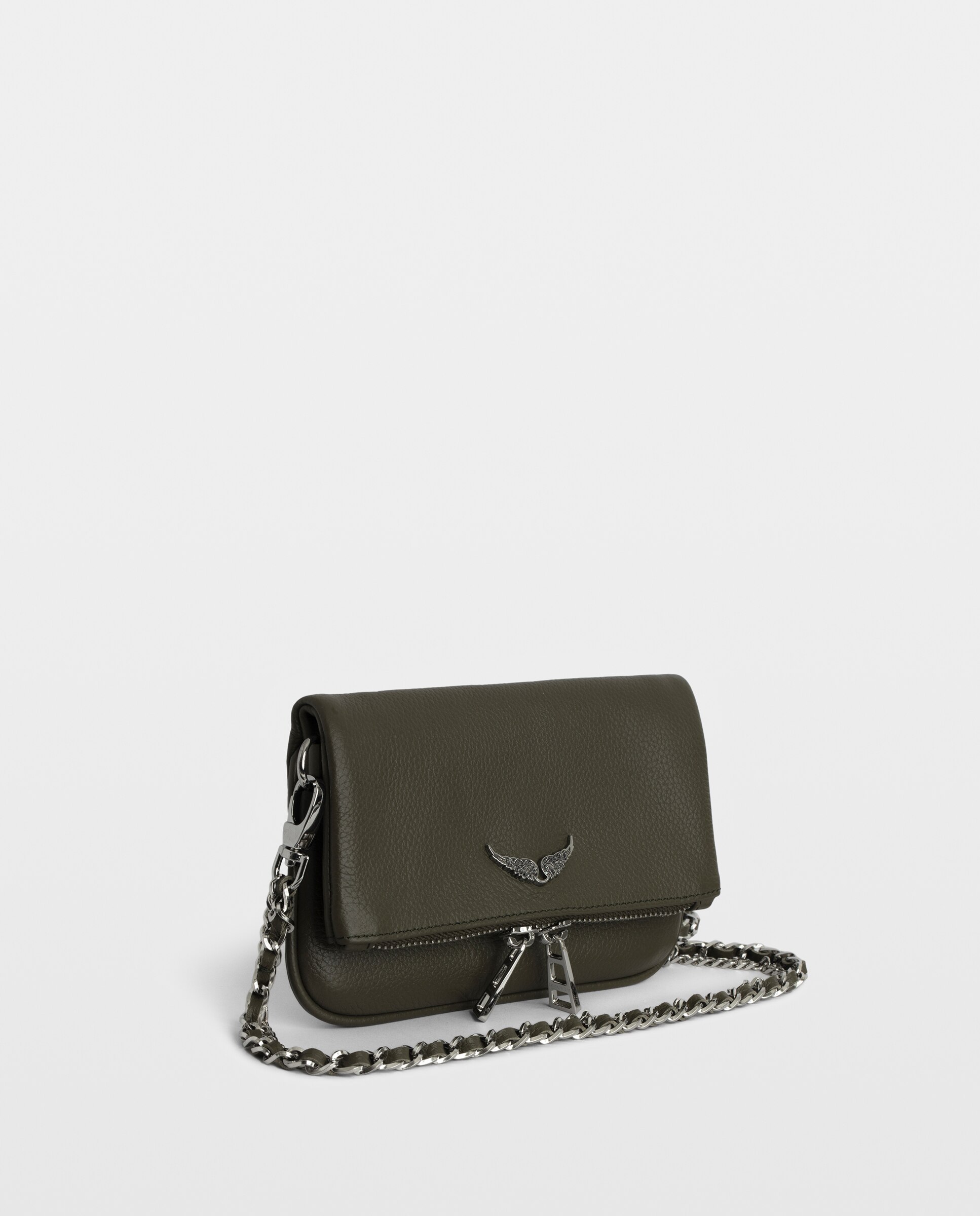 Bolso mini de mano rock de cuero granulado con cadenas y strass - Zadig & Voltaire - Verde Verde-3