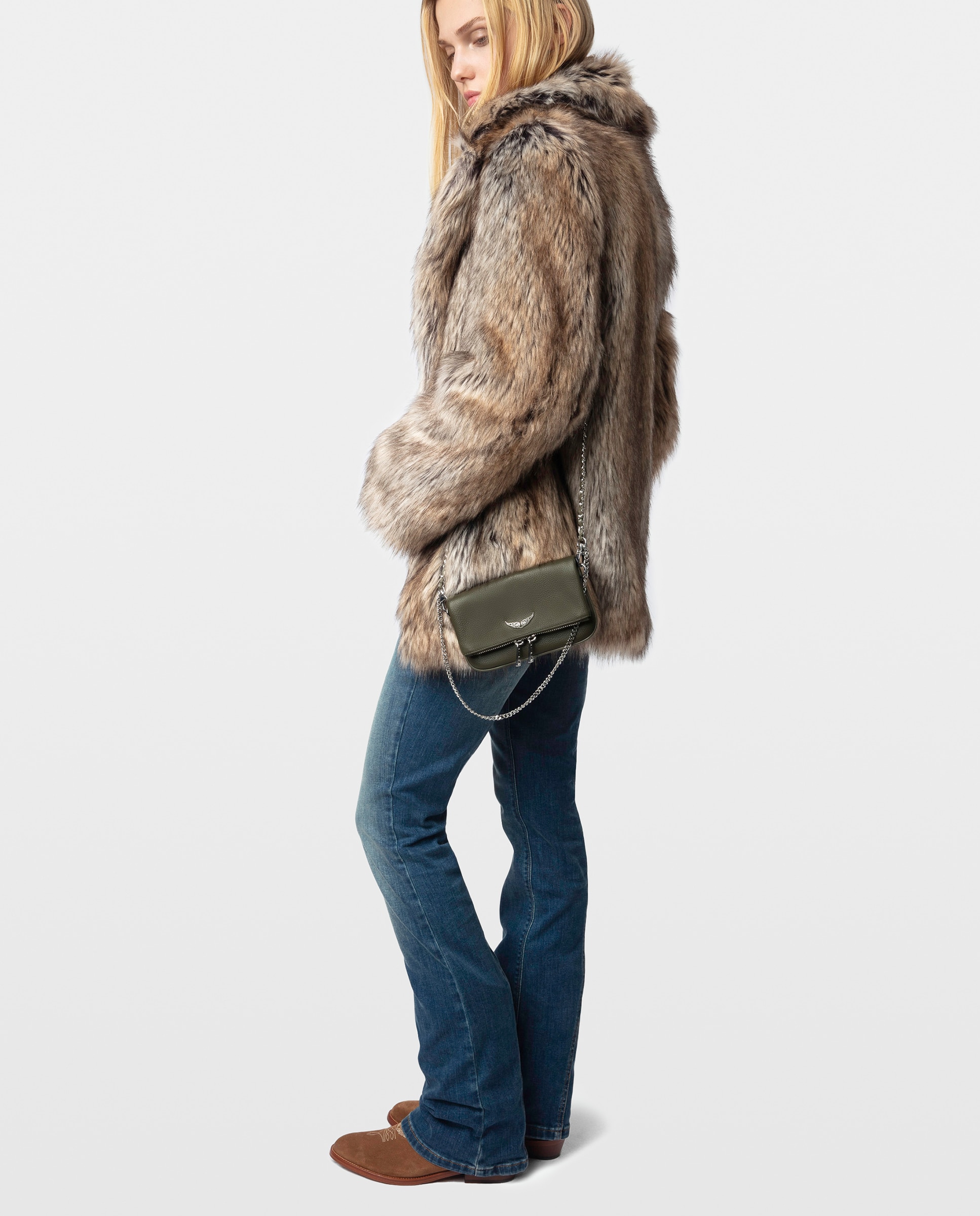 Bolso mini de mano rock de cuero granulado con cadenas y strass - Zadig & Voltaire - Verde Verde-2
