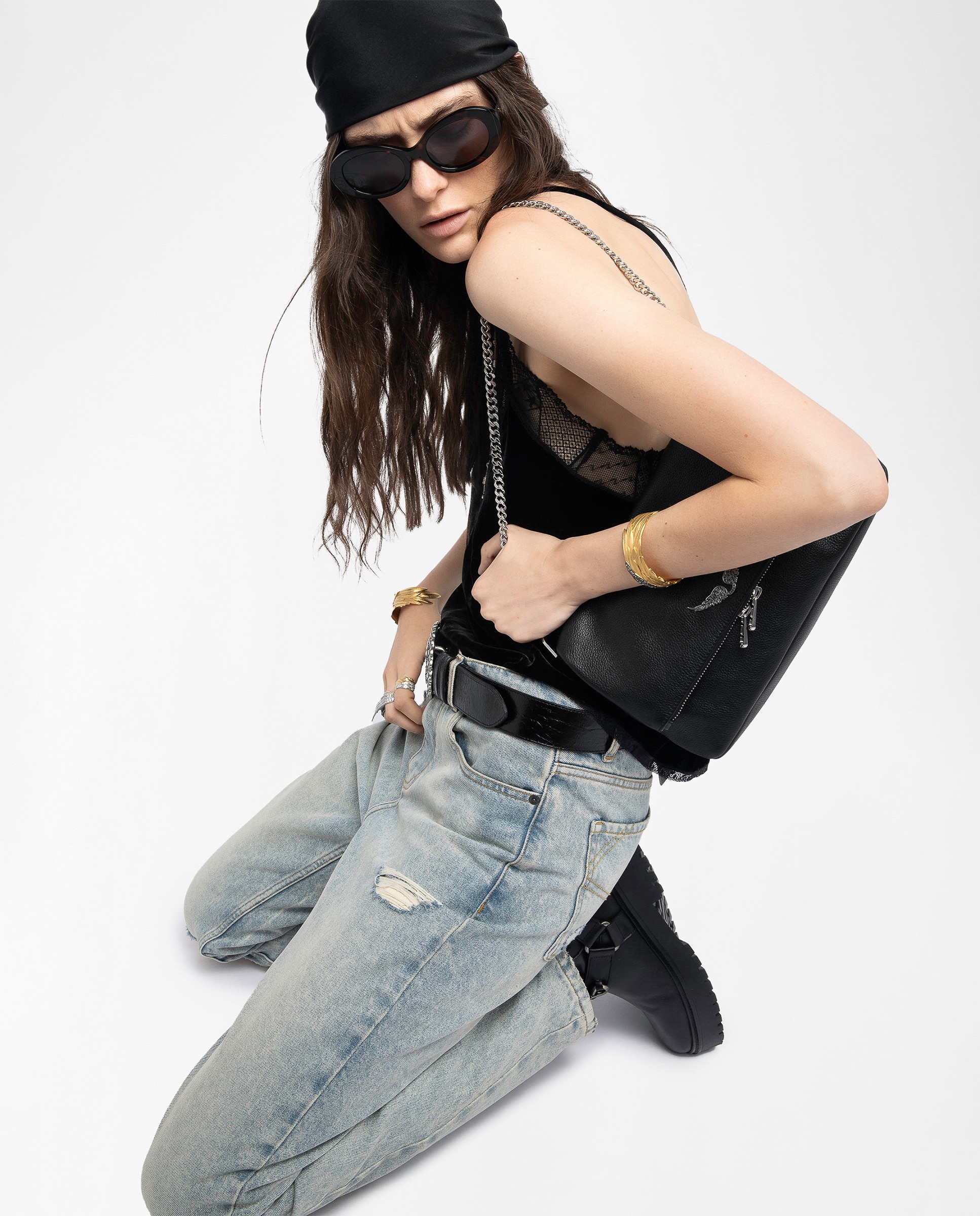 Bolso de mano mediano de piel granulada con cadena bandolera - Zadig & Voltaire - Plata Plata-3