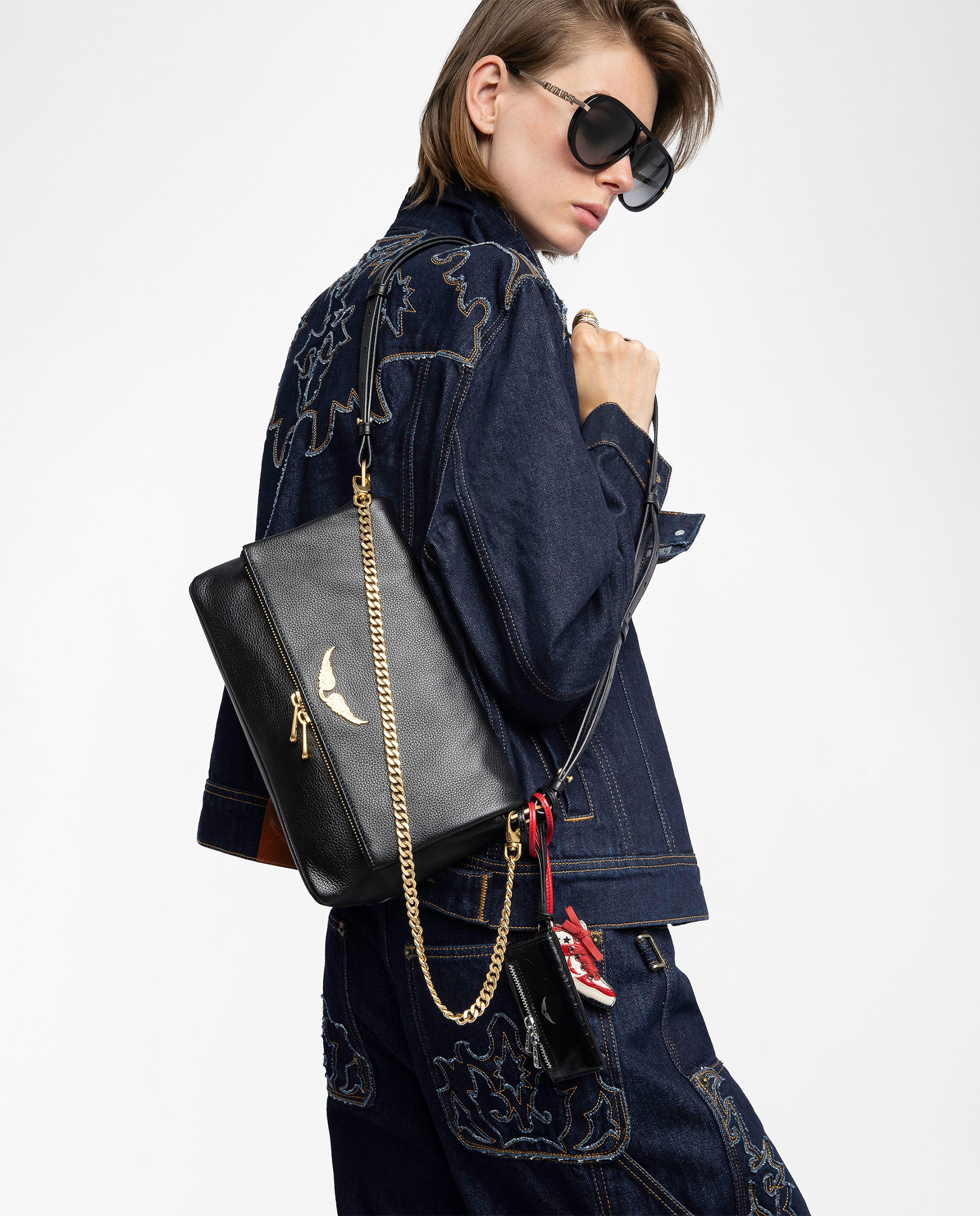 Bolso de mano mediano de piel granulada con cadena bandolera - Zadig & Voltaire - Oro Oro-2