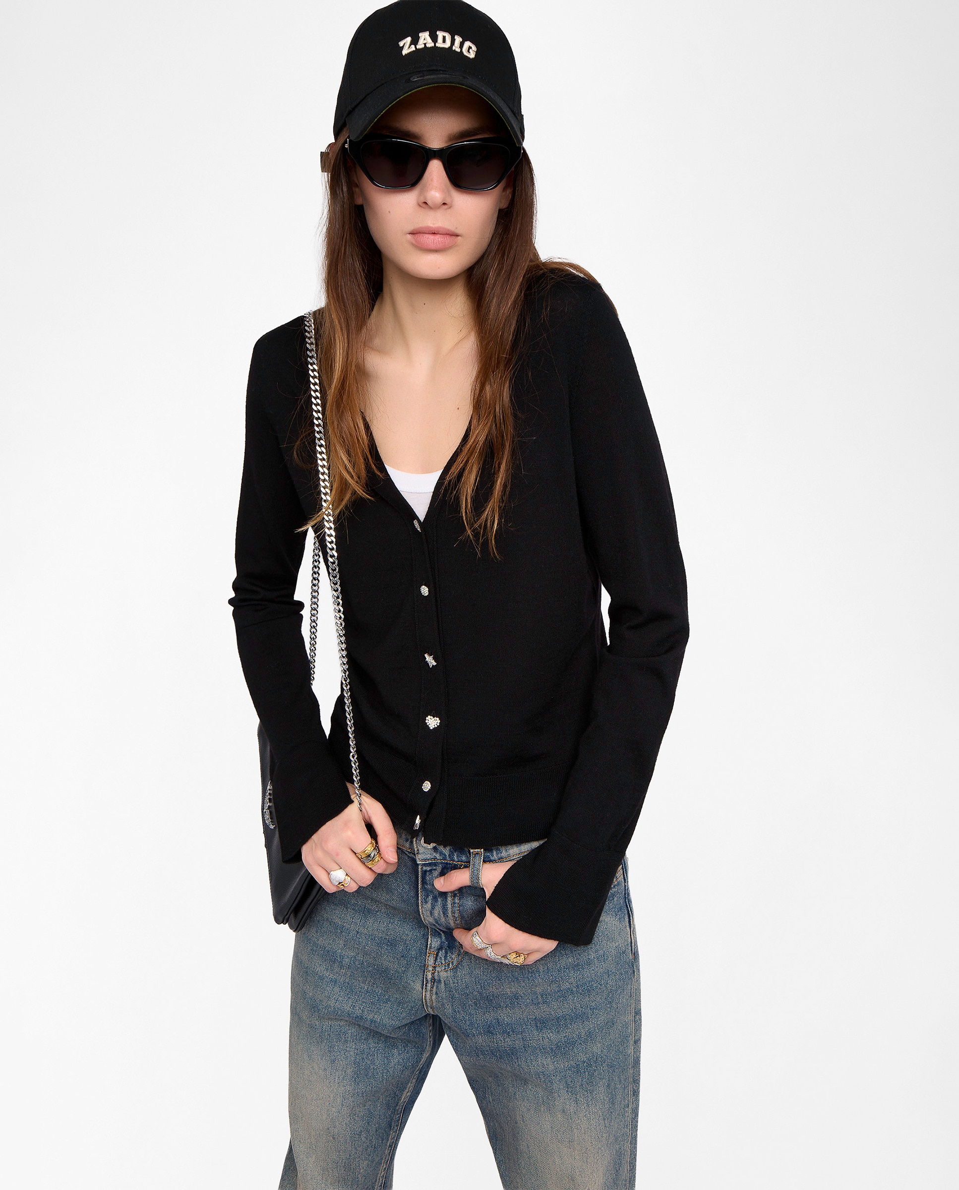 Cárdigan de punto de mujer 100% lana merino de mangas largas cuello pico con botones joya - Zadig & Voltaire - Negro Negro-1