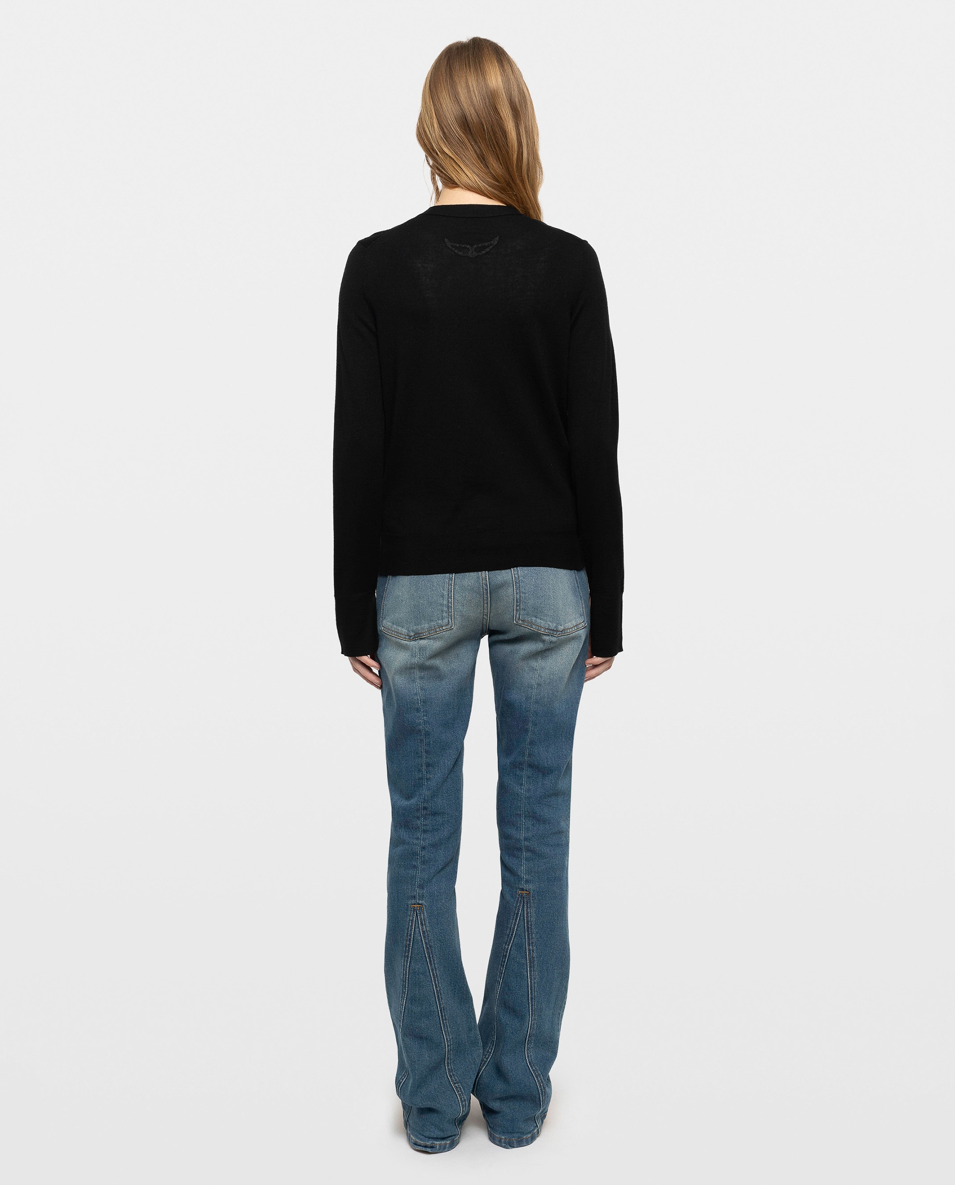 Cárdigan de punto de mujer 100% lana merino de mangas largas cuello pico con botones joya - Zadig & Voltaire - Negro Negro-2