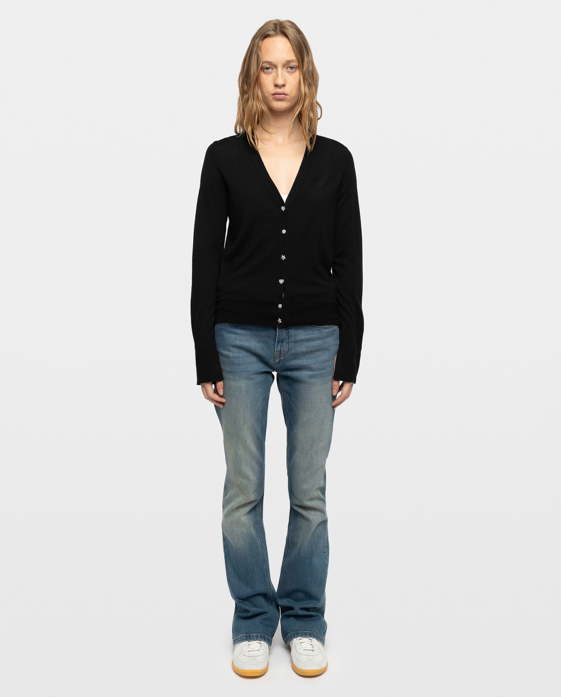 Cárdigan de punto de mujer 100% lana merino de mangas largas cuello pico con botones joya - Zadig & Voltaire - Negro Negro-3