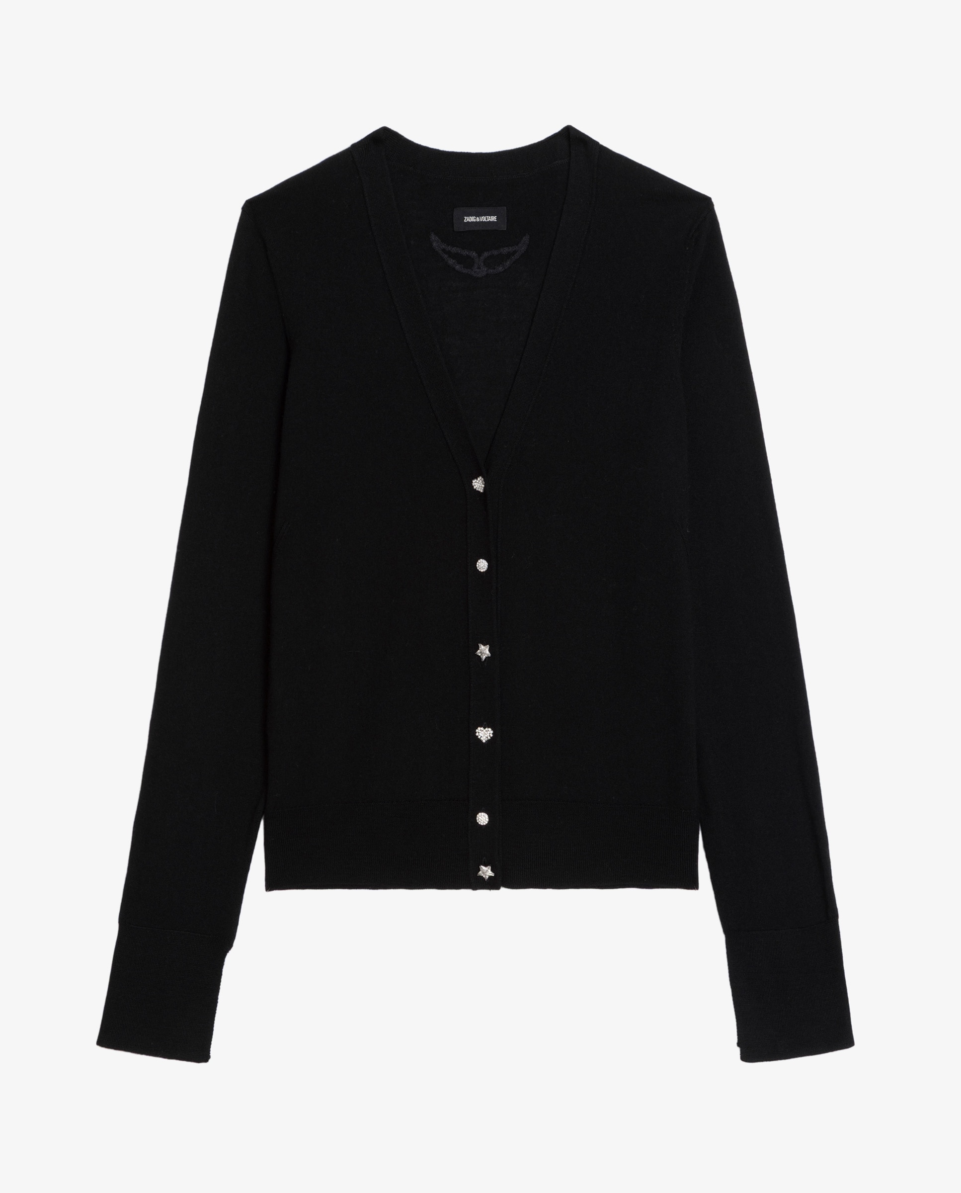 Cárdigan de punto de mujer 100% lana merino de mangas largas cuello pico con botones joya - Zadig & Voltaire - Negro Negro-6