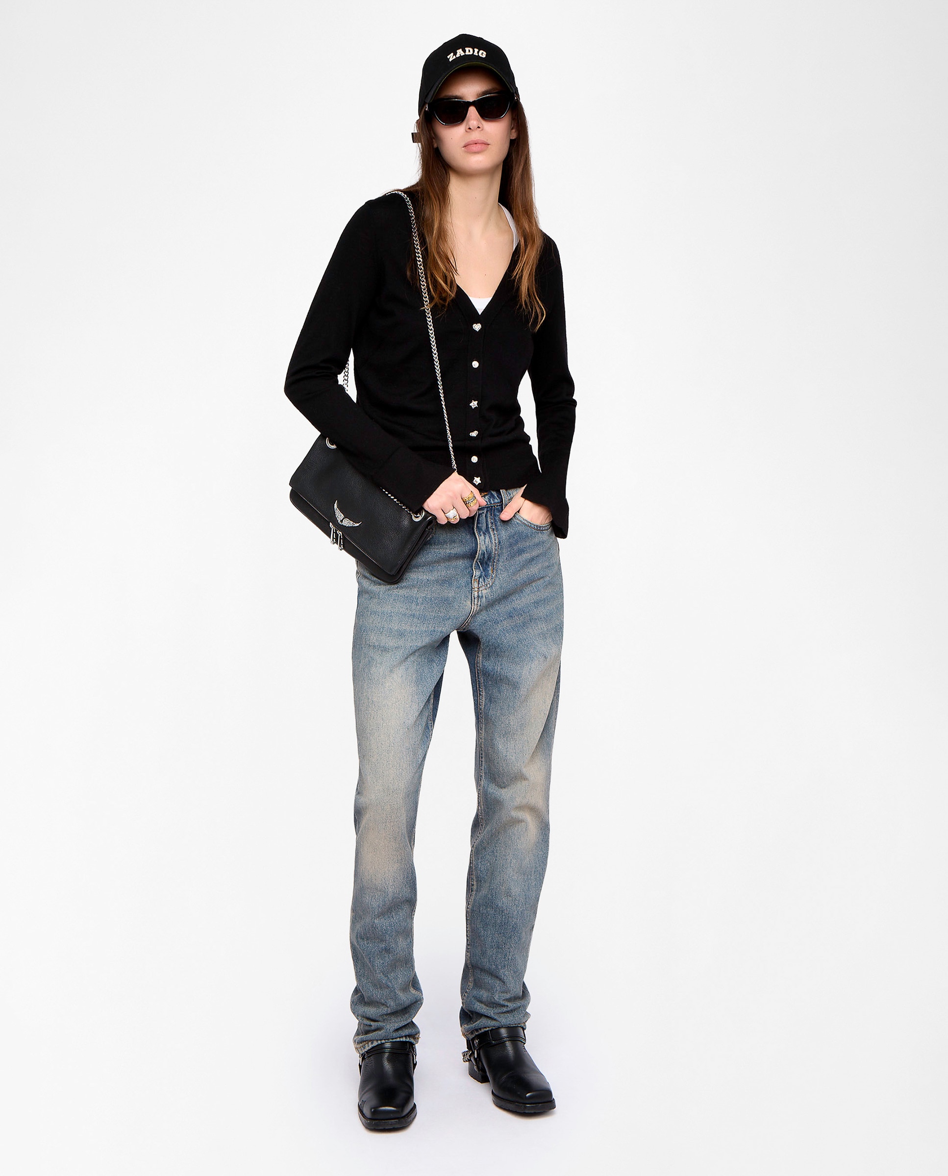 Cárdigan de punto de mujer 100% lana merino de mangas largas cuello pico con botones joya - Zadig & Voltaire - Negro Negro-4