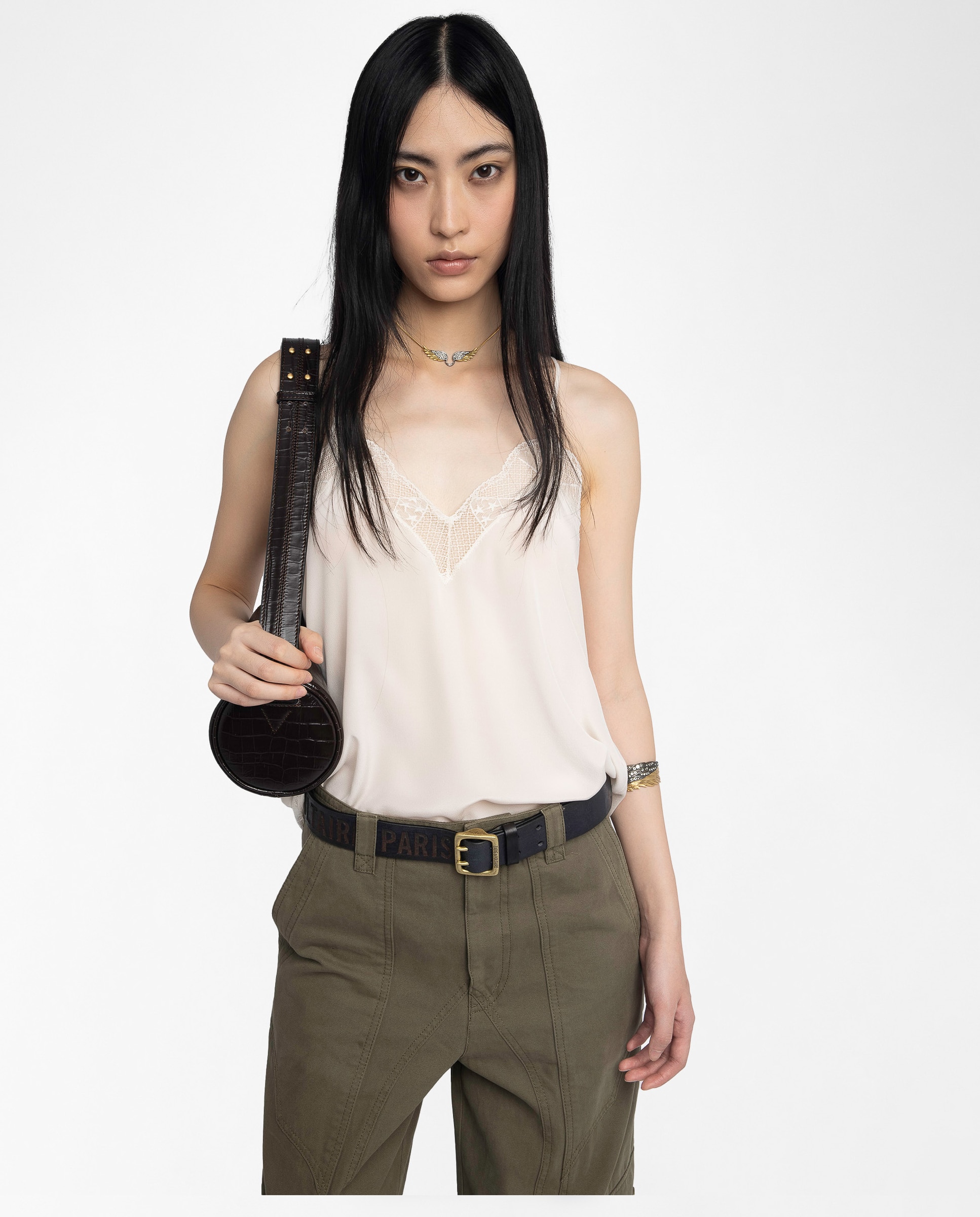 Top lencero de mujer 100% seda con encaje