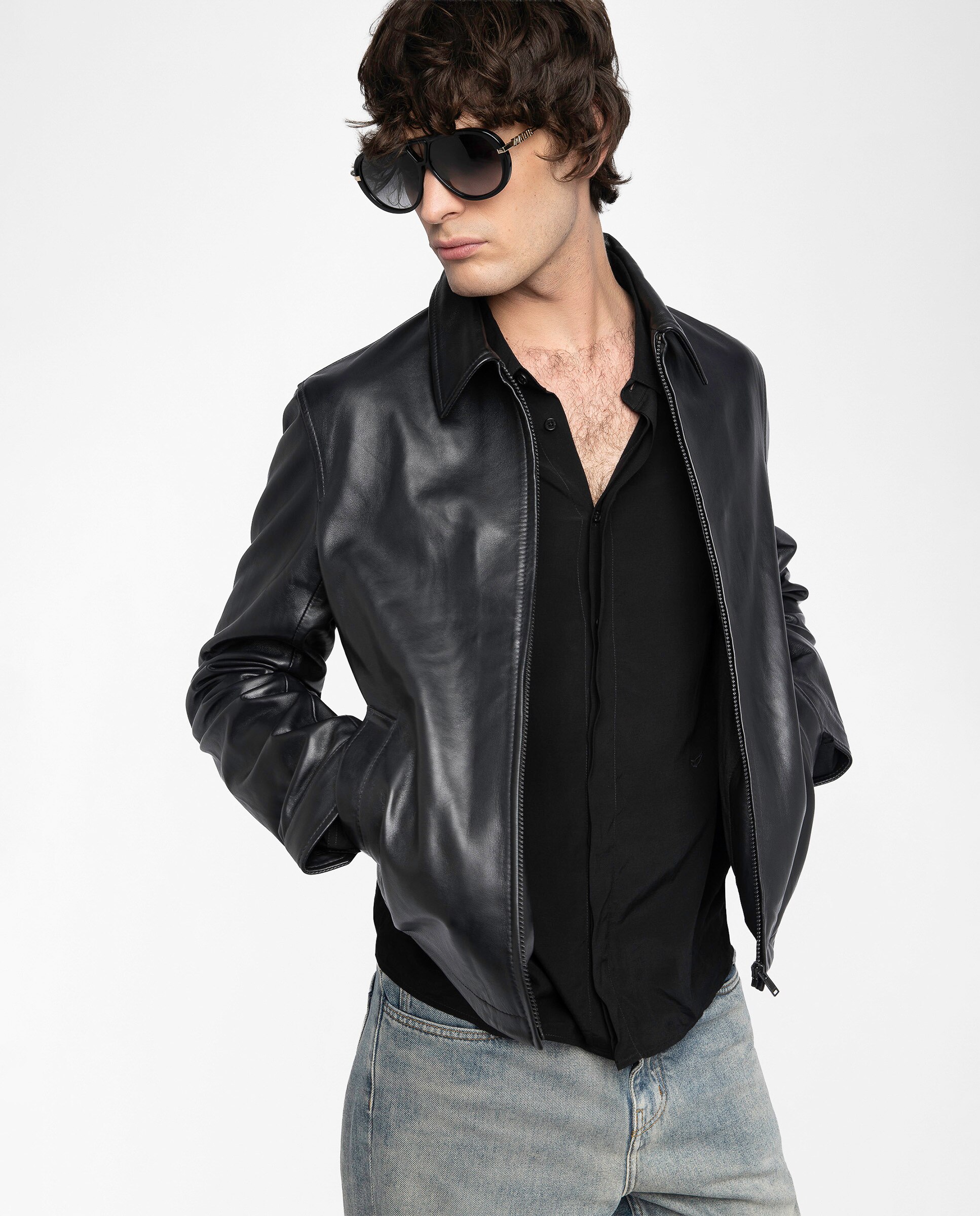 Zadig & Voltaire - Cazadora de piel de hombre con cremallera y alas grabadas.